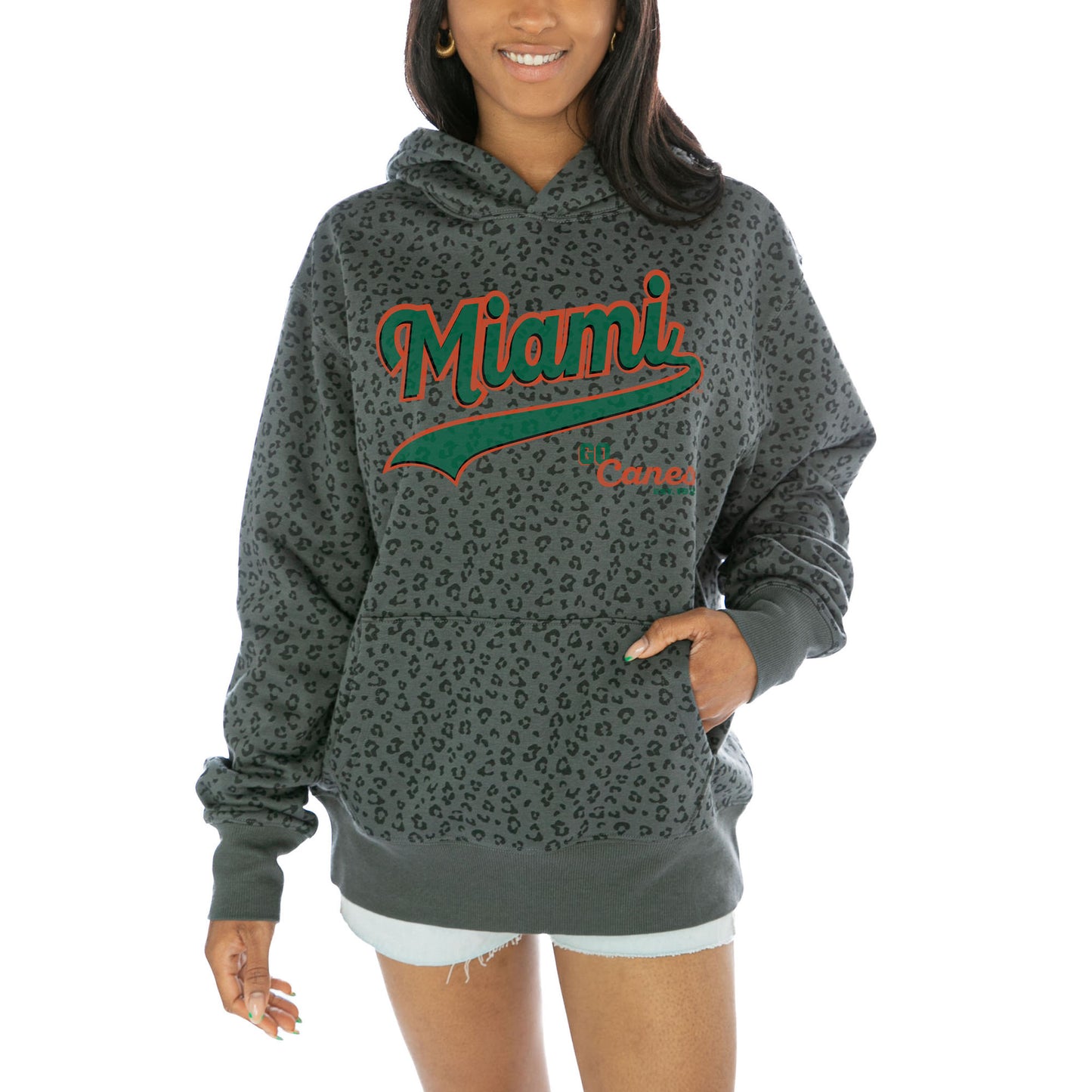 Women's Gameday Couture Black Miami Hurricanes Fierce Force Leopard Print Pullover Hoodie