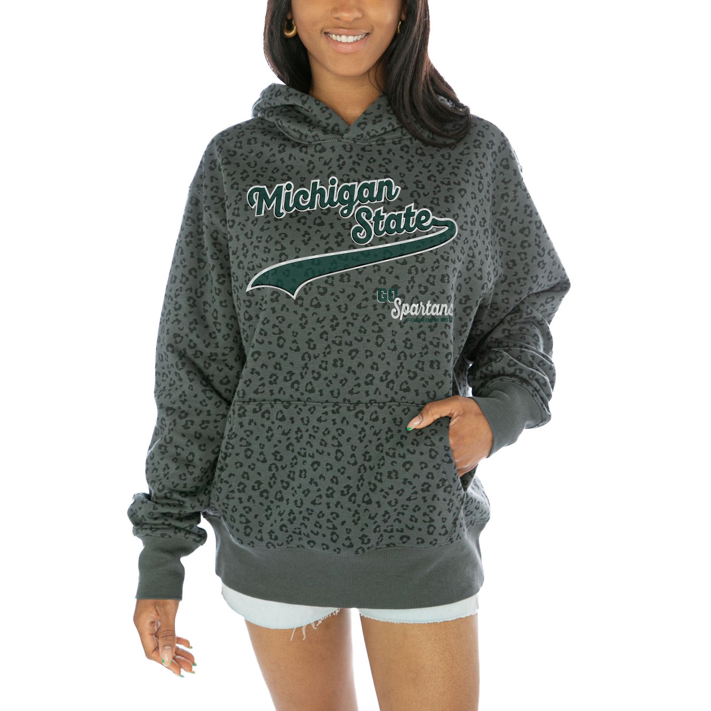 Women's Gameday Couture Black Michigan State Spartans Fierce Force Leopard Print Pullover Hoodie