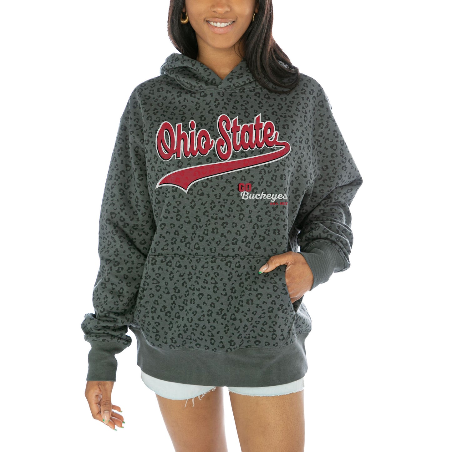 Women's Gameday Couture Black Ohio State Buckeyes Fierce Force Leopard Print Pullover Hoodie