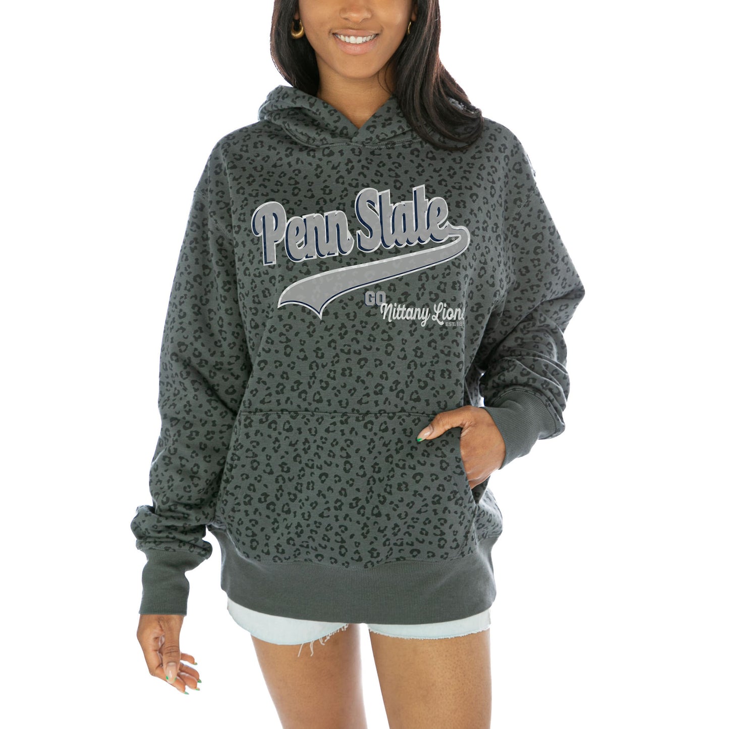 Women's Gameday Couture Black Penn State Nittany Lions Fierce Force Leopard Print Pullover Hoodie