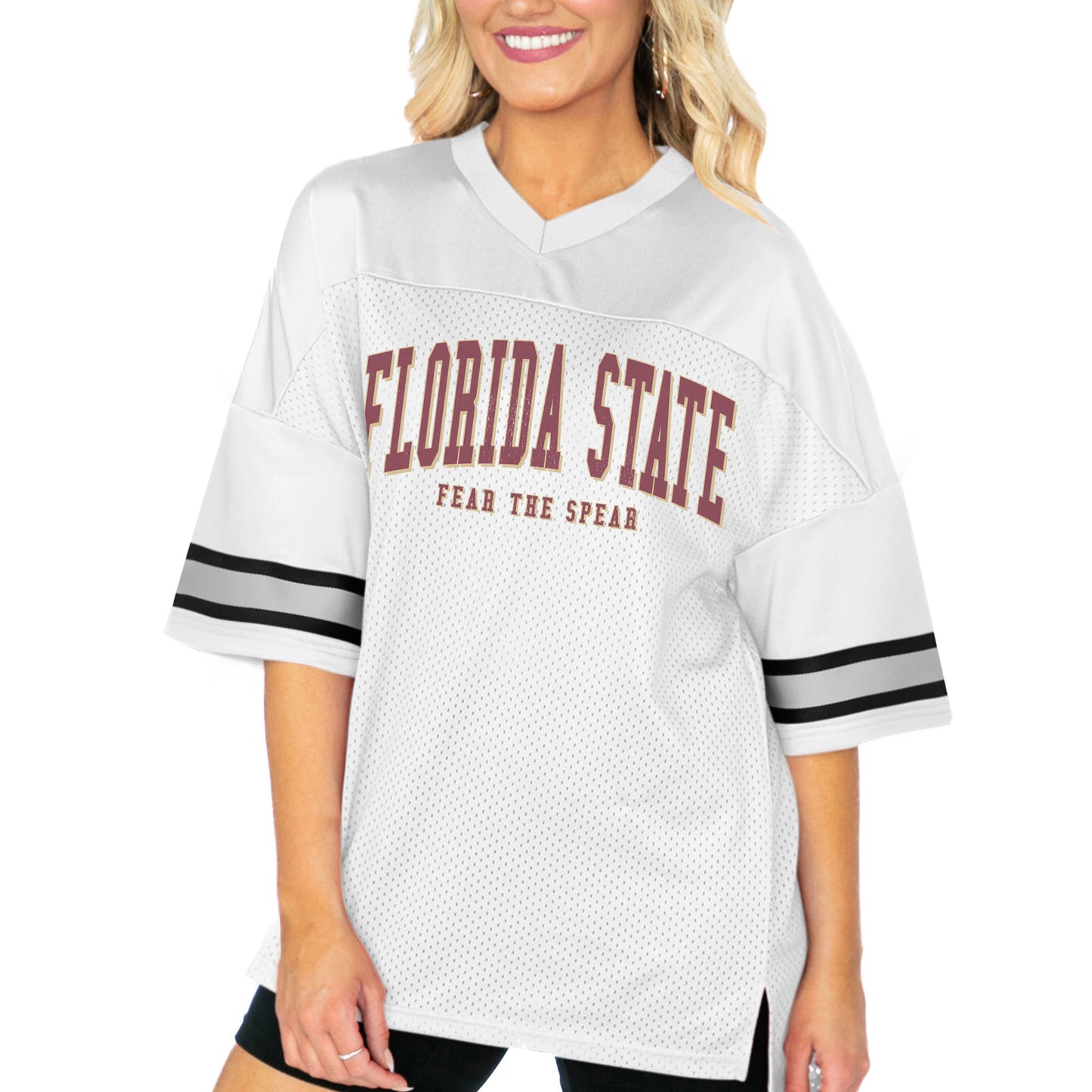 Women's Gameday Couture White Florida State Seminoles Option Play Oversized Mesh Fashion Jersey