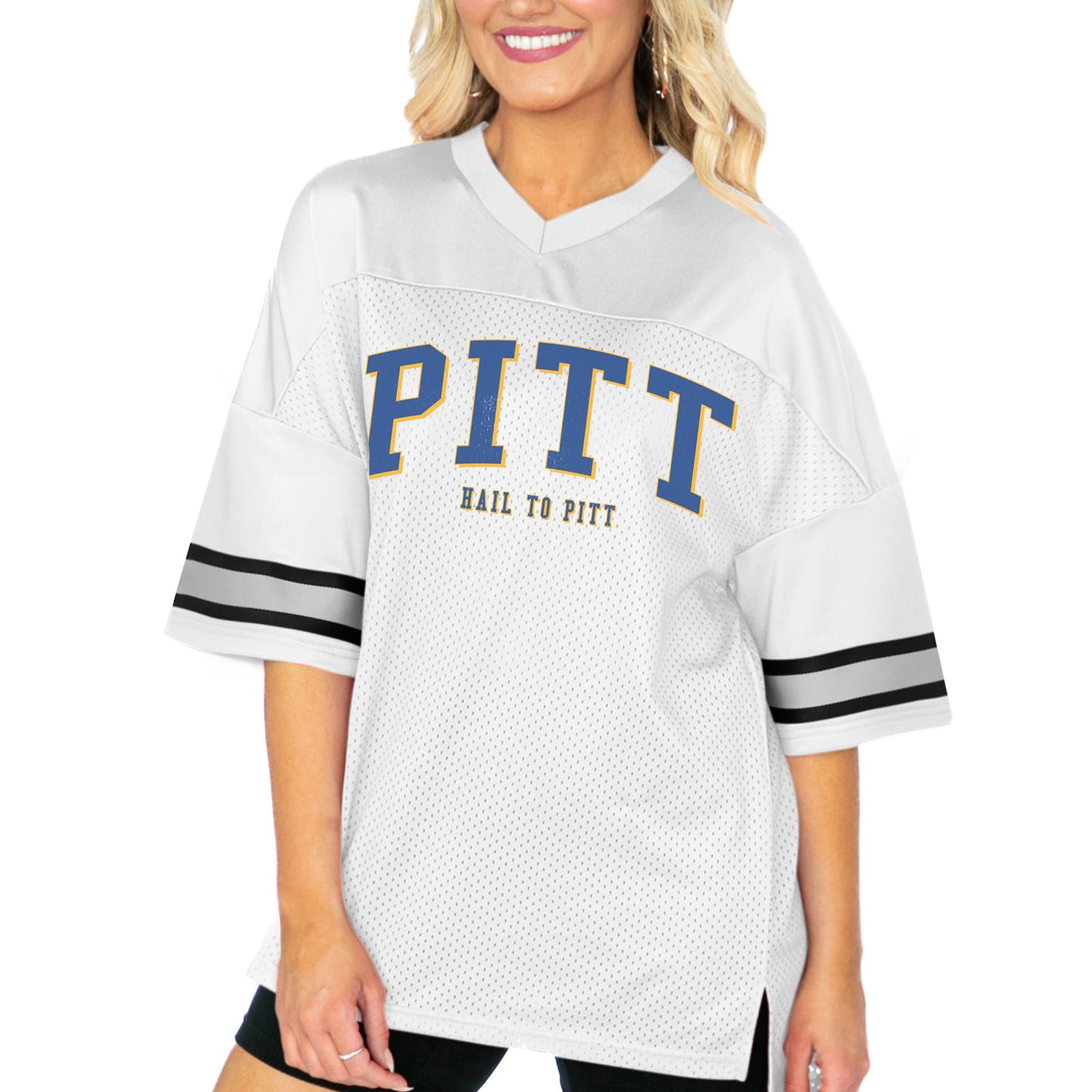 Women's Gameday Couture White Pitt Panthers Option Play Oversized Mesh Fashion Jersey