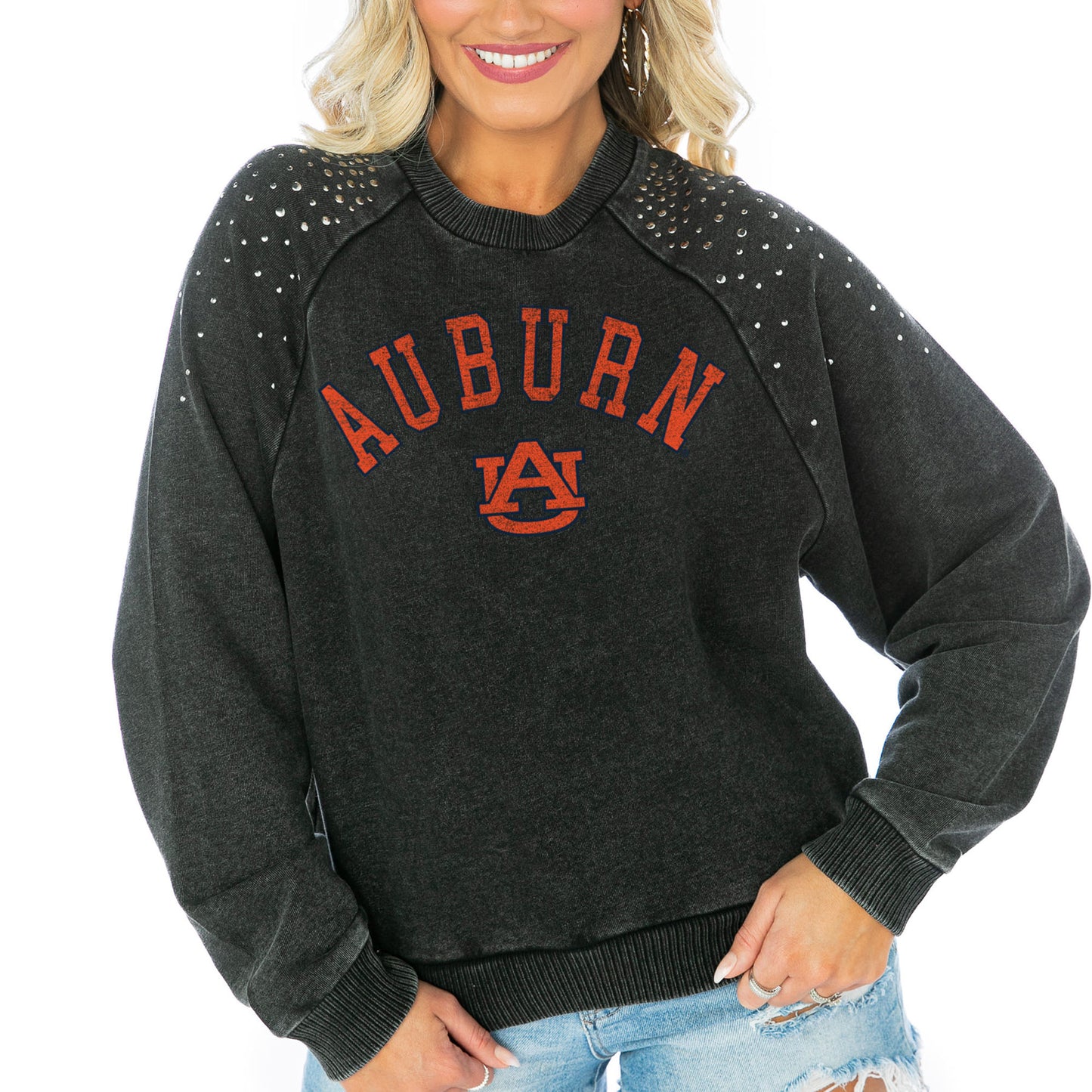 Women's Gameday Couture Charcoal Auburn Tigers Don't Blink Studded Cropped Sweatshirt