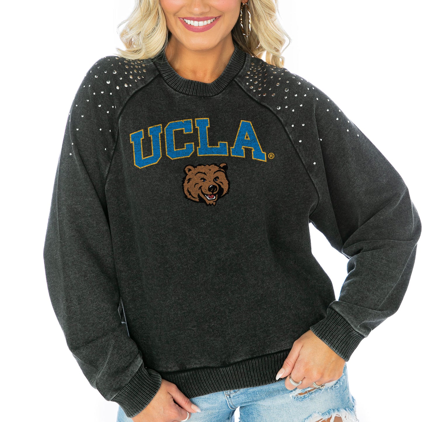 Women's Gameday Couture Charcoal UCLA Bruins Don't Blink Studded Cropped Sweatshirt