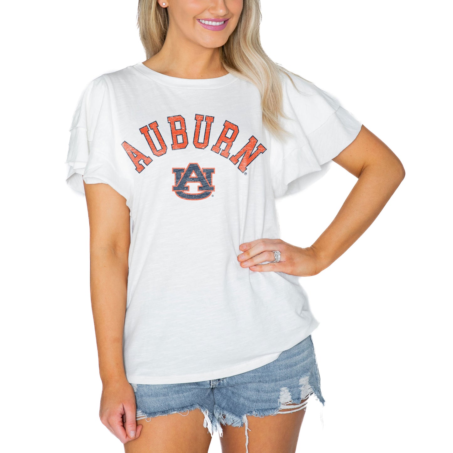 Women's Gameday Couture White Auburn Tigers Arch Logo Flutter Sleeve Lightweight T-Shirt