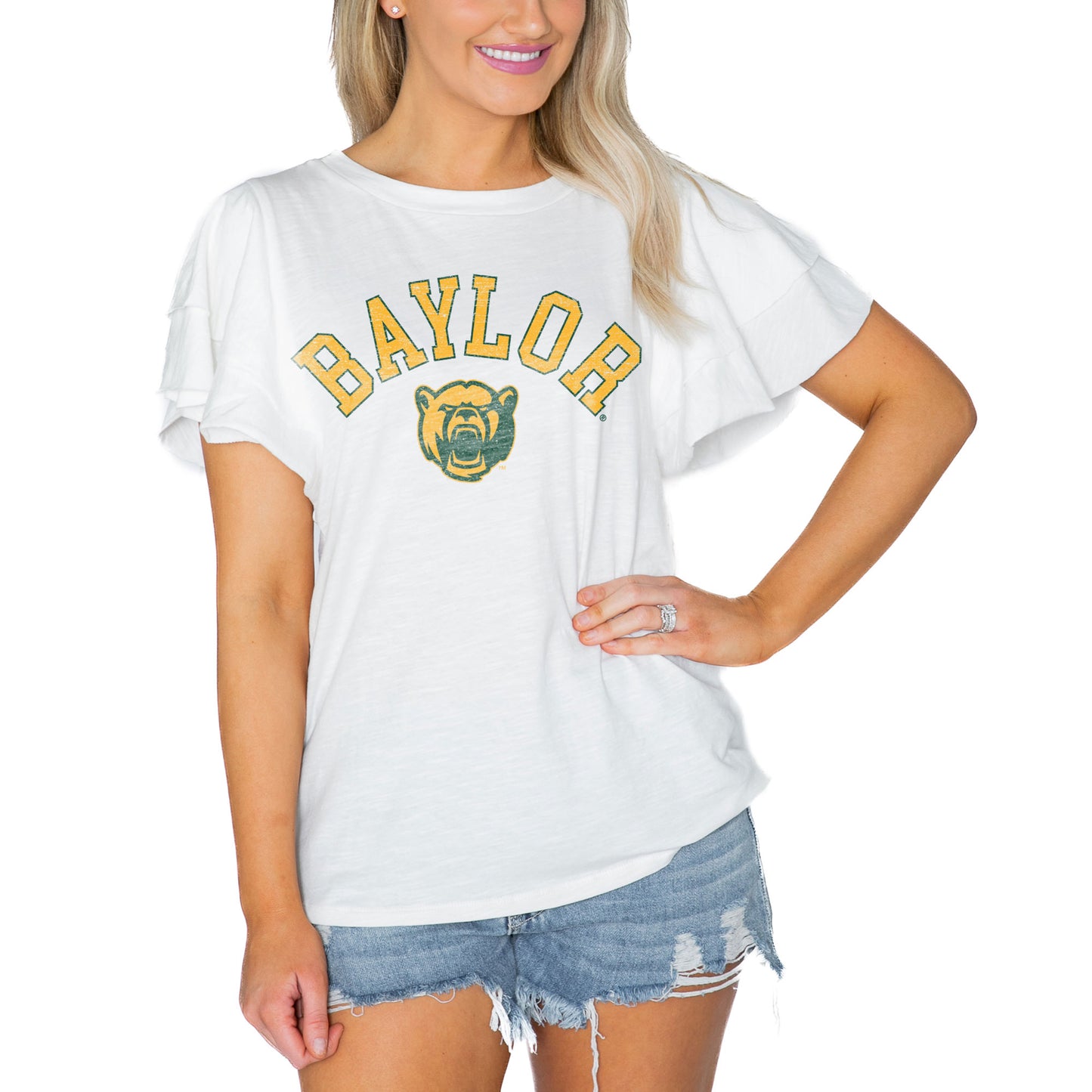 Women's Gameday Couture White Baylor Bears Arch Logo Flutter Sleeve Lightweight T-Shirt