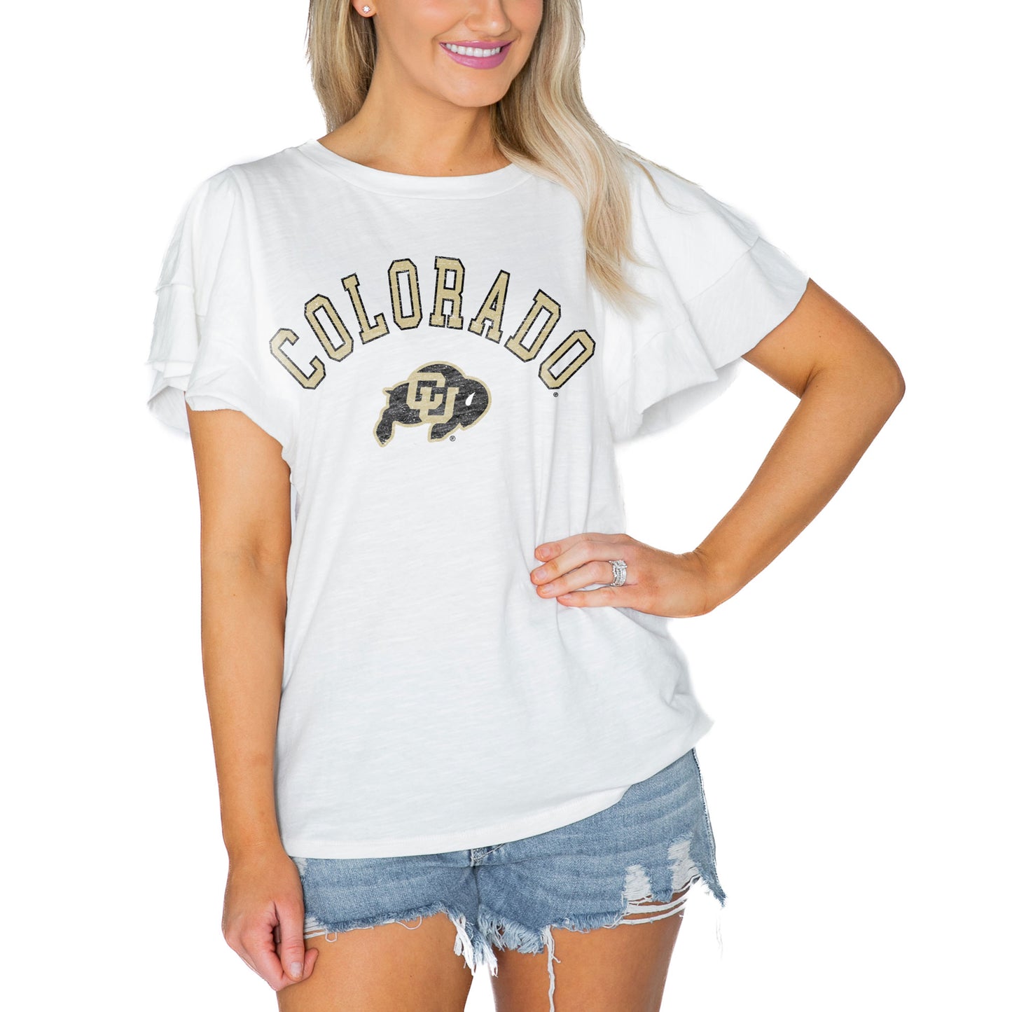 Women's Gameday Couture White Colorado Buffaloes Arch Logo Flutter Sleeve Lightweight T-Shirt