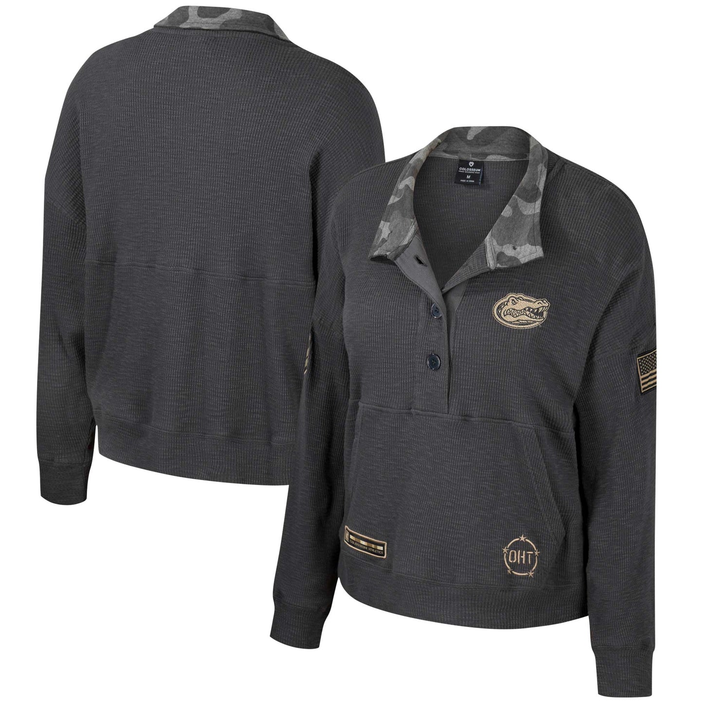 Women's Colosseum Heather Charcoal Florida Gators OHT Military Appreciation Payback Henley Thermal Sweatshirt