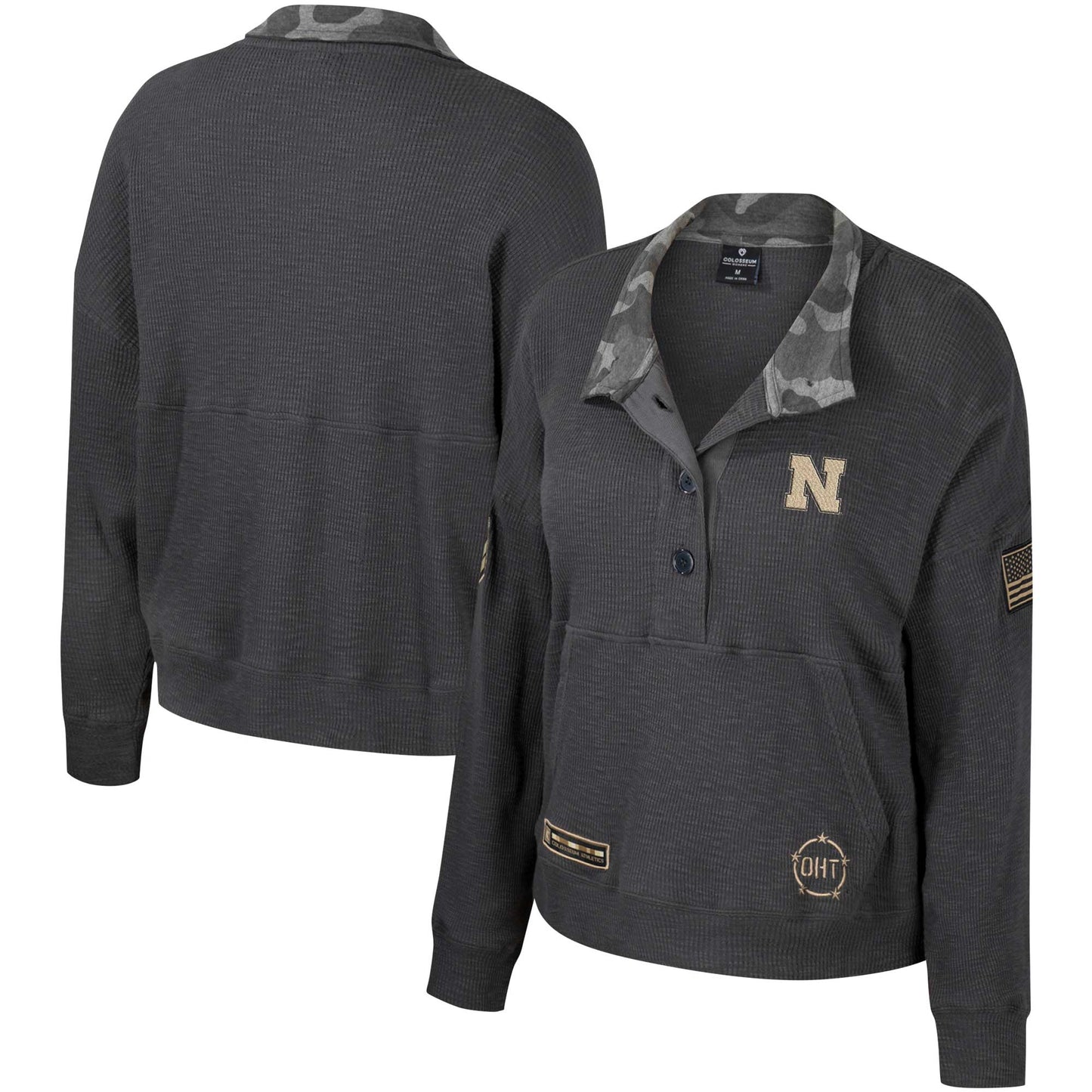 Women's Colosseum Heather Charcoal Nebraska Huskers OHT Military Appreciation Payback Henley Thermal Sweatshirt
