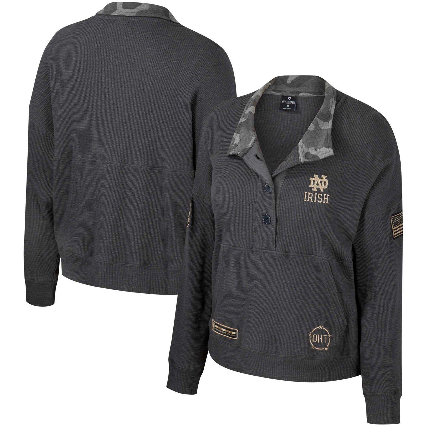 Women's Colosseum Heather Charcoal Notre Dame Fighting Irish OHT Military Appreciation Payback Henley Thermal Sweatshirt