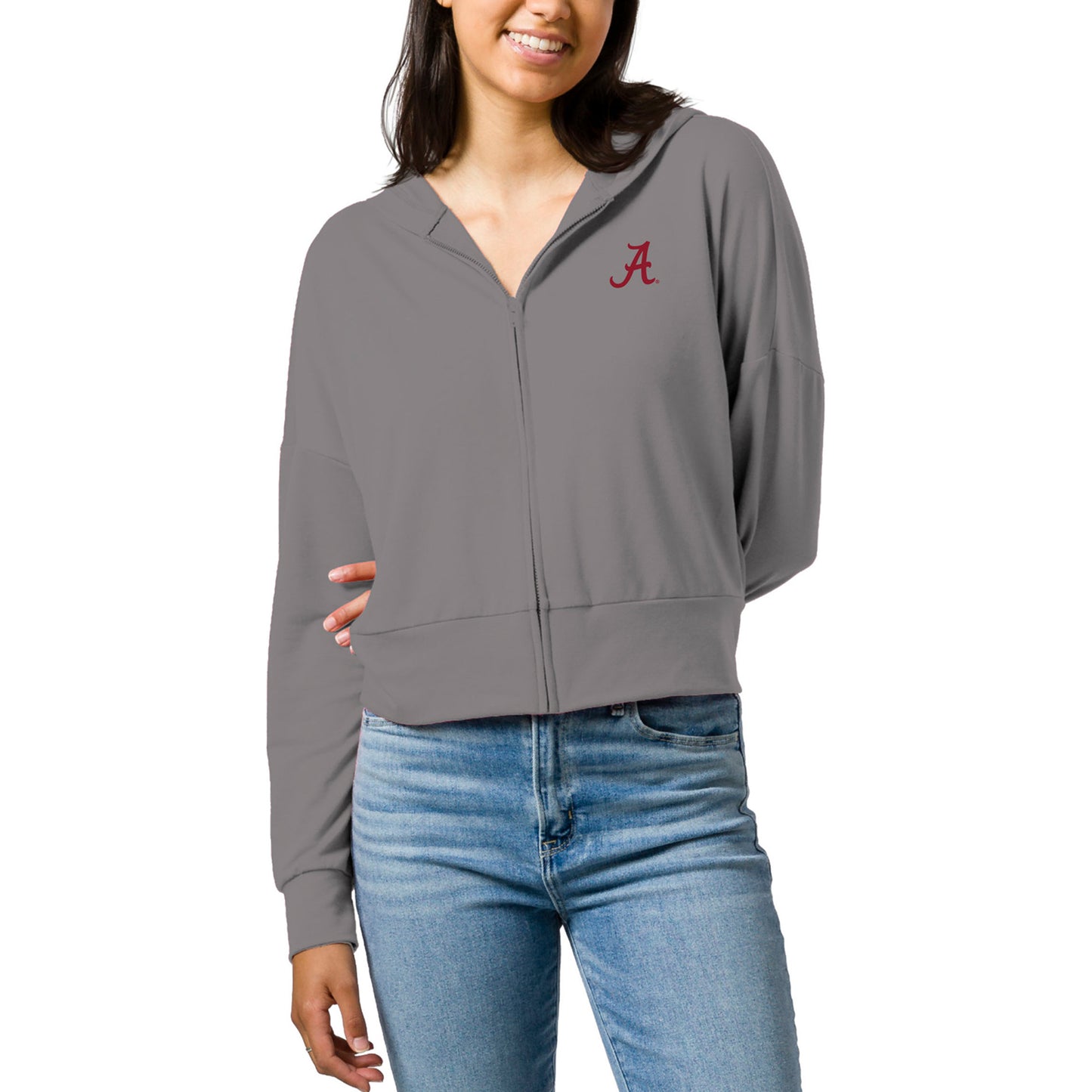 Women's League Collegiate Wear Gray Alabama Crimson Tide All Day Midi Full-Zip Cropped Hoodie