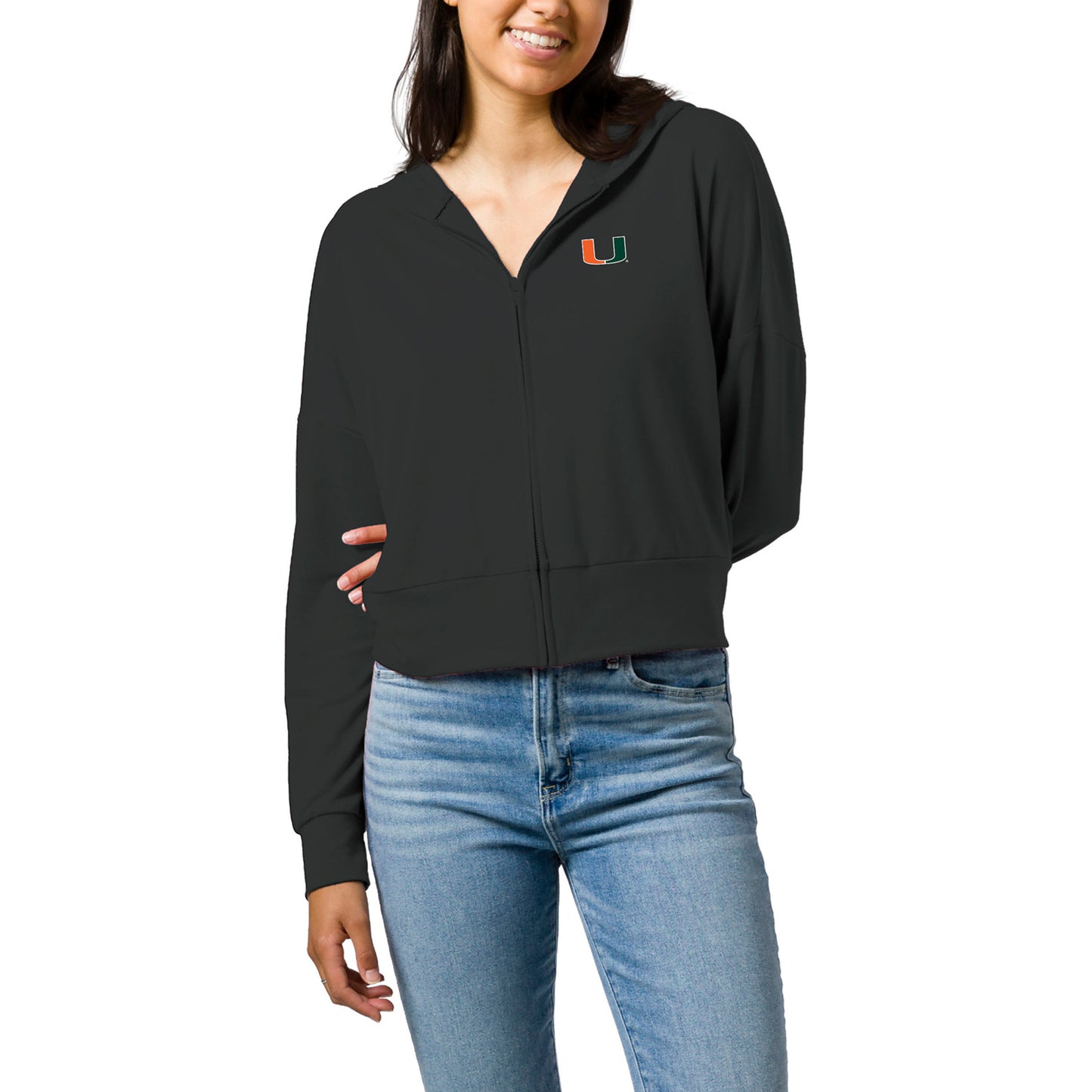 Women's League Collegiate Wear Black Miami Hurricanes All Day Midi Full-Zip Cropped Hoodie