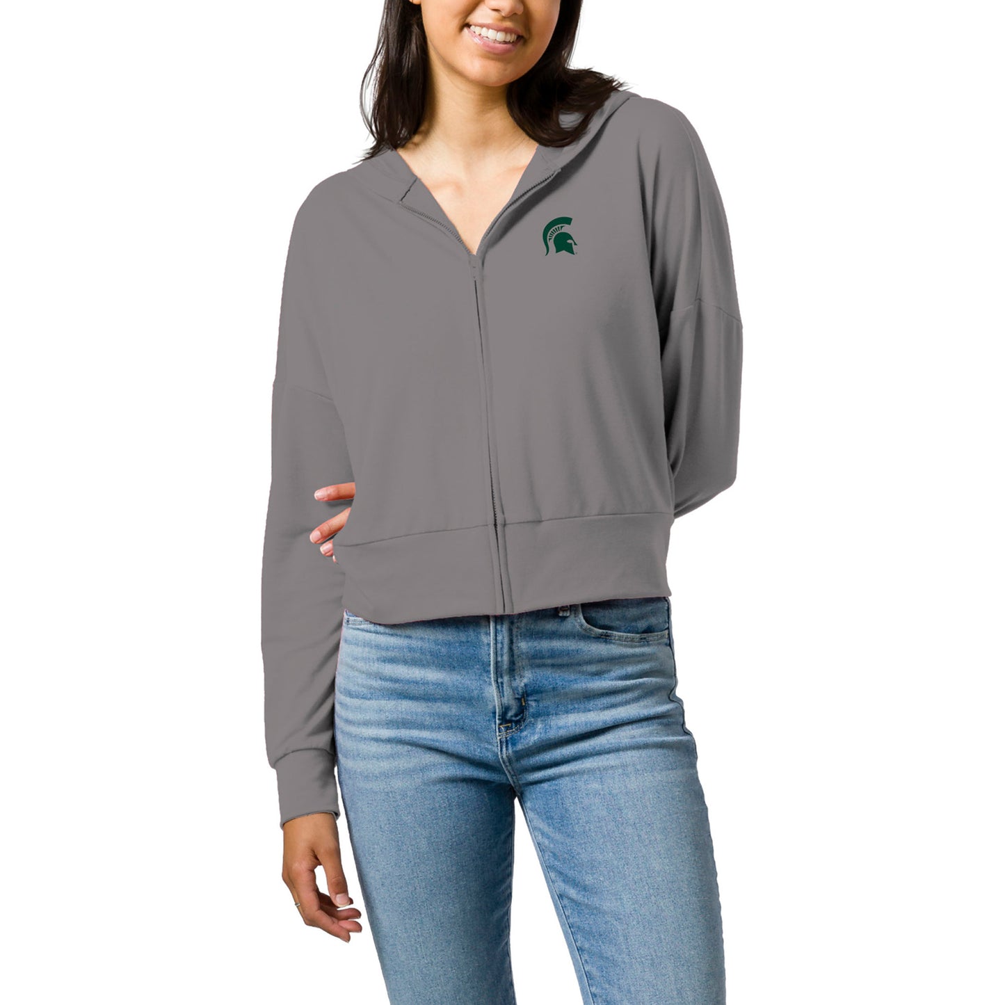 Women's League Collegiate Wear Gray Michigan State Spartans All Day Midi Full-Zip Cropped Hoodie