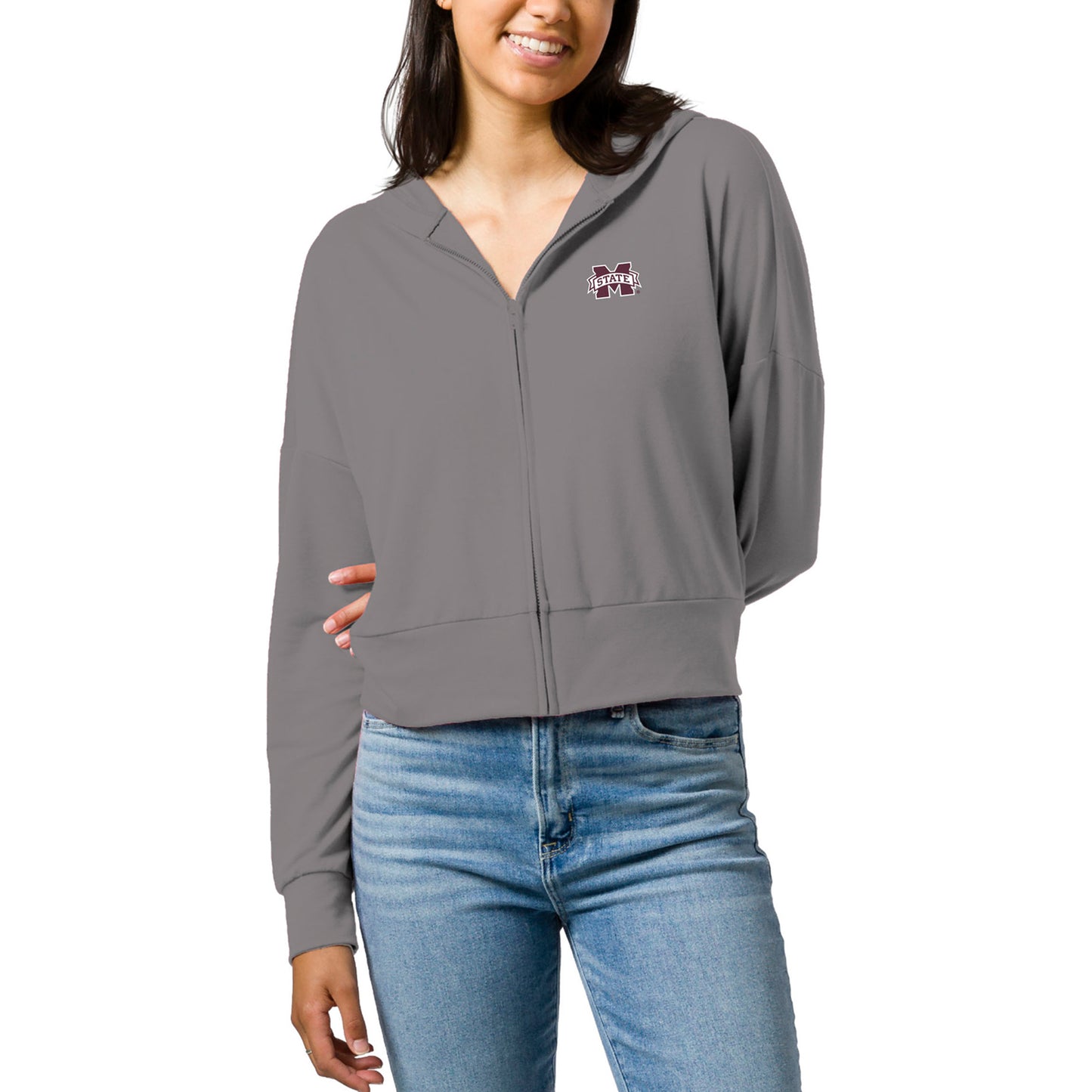 Women's League Collegiate Wear Gray Mississippi State Bulldogs All Day Midi Full-Zip Cropped Hoodie