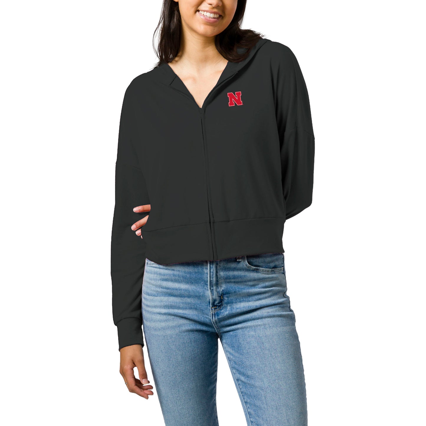 Women's League Collegiate Wear Black Nebraska Huskers All Day Midi Full-Zip Cropped Hoodie