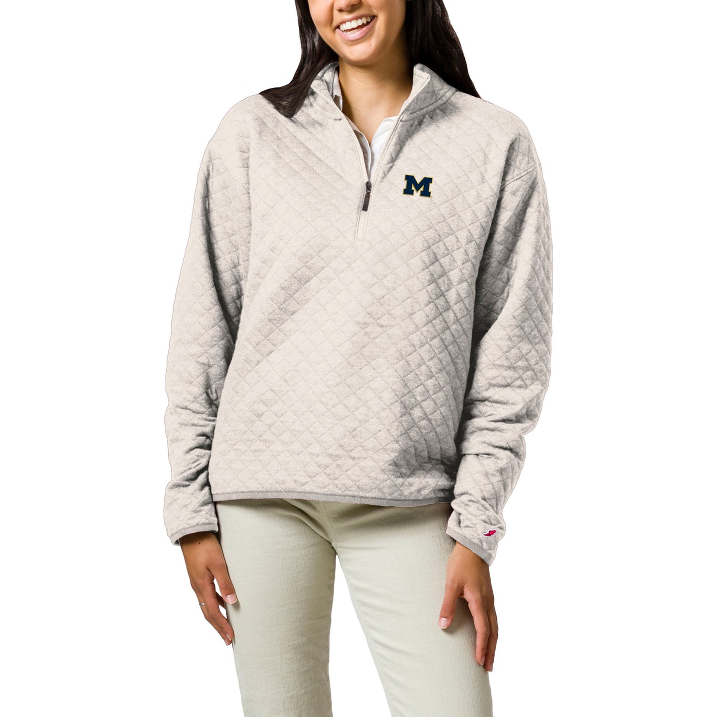 Women's League Collegiate Wear Cream Michigan Wolverines Highland Quilted Quarter-Zip Pullover Top