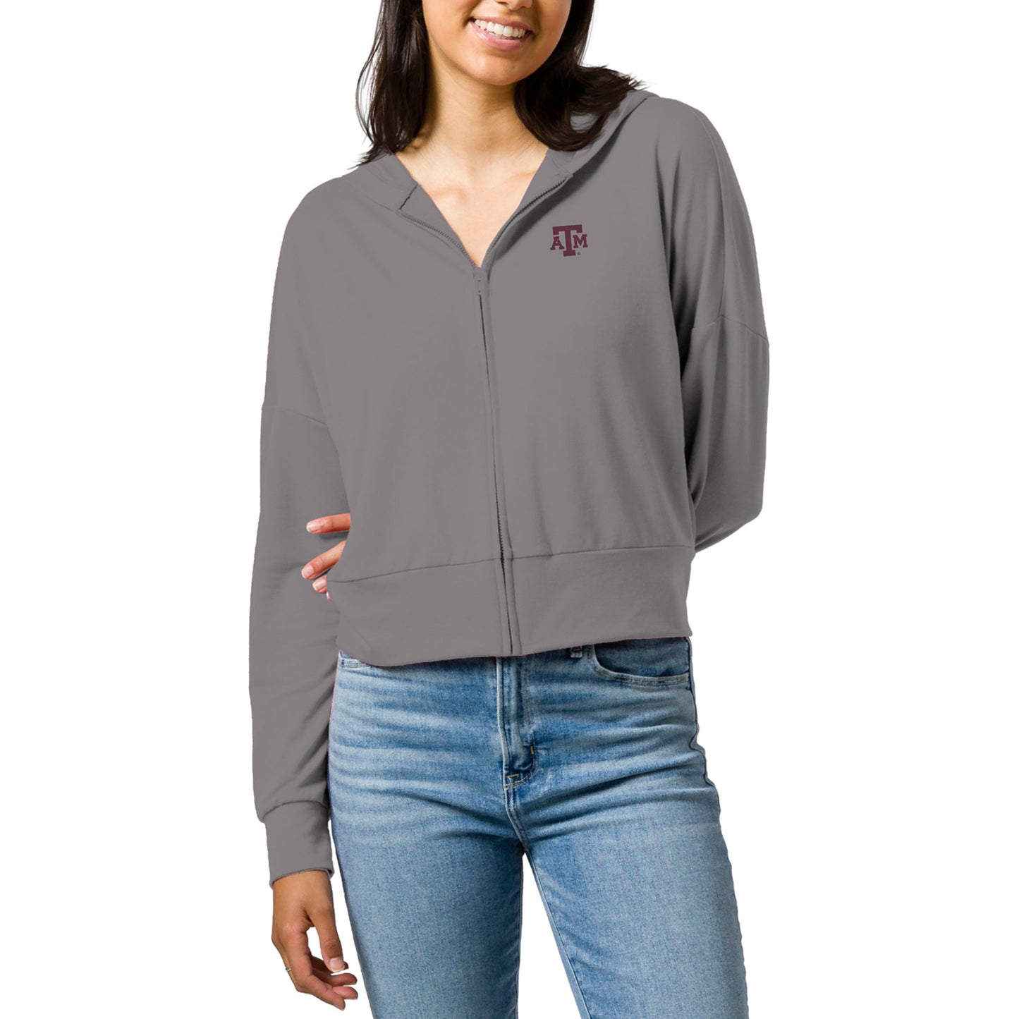 Women's League Collegiate Wear Gray Texas A&M Aggies All Day Midi Full-Zip Cropped Hoodie