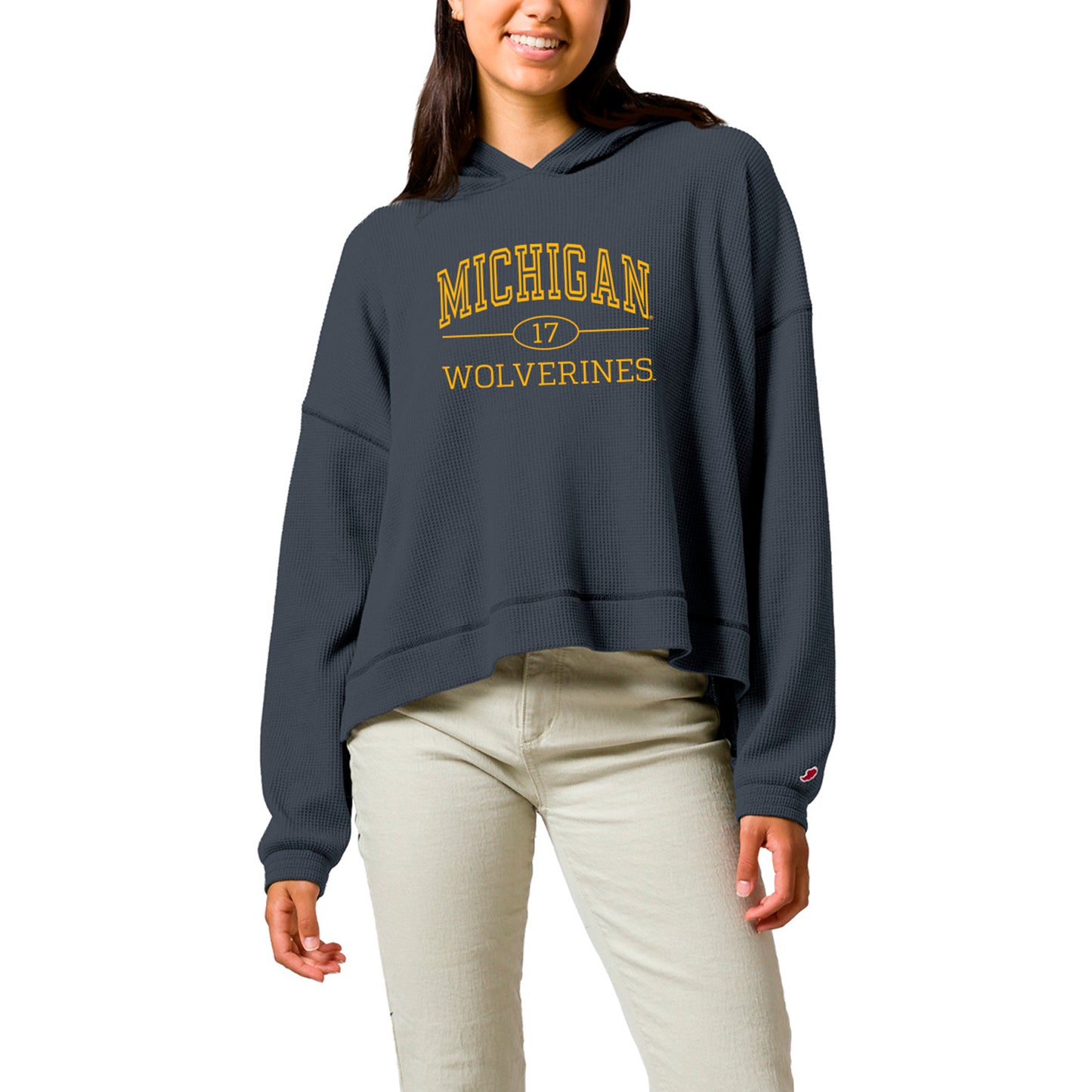 Women's League Collegiate Wear Navy Michigan Wolverines Waffle Long Sleeve Hoodie T-Shirt