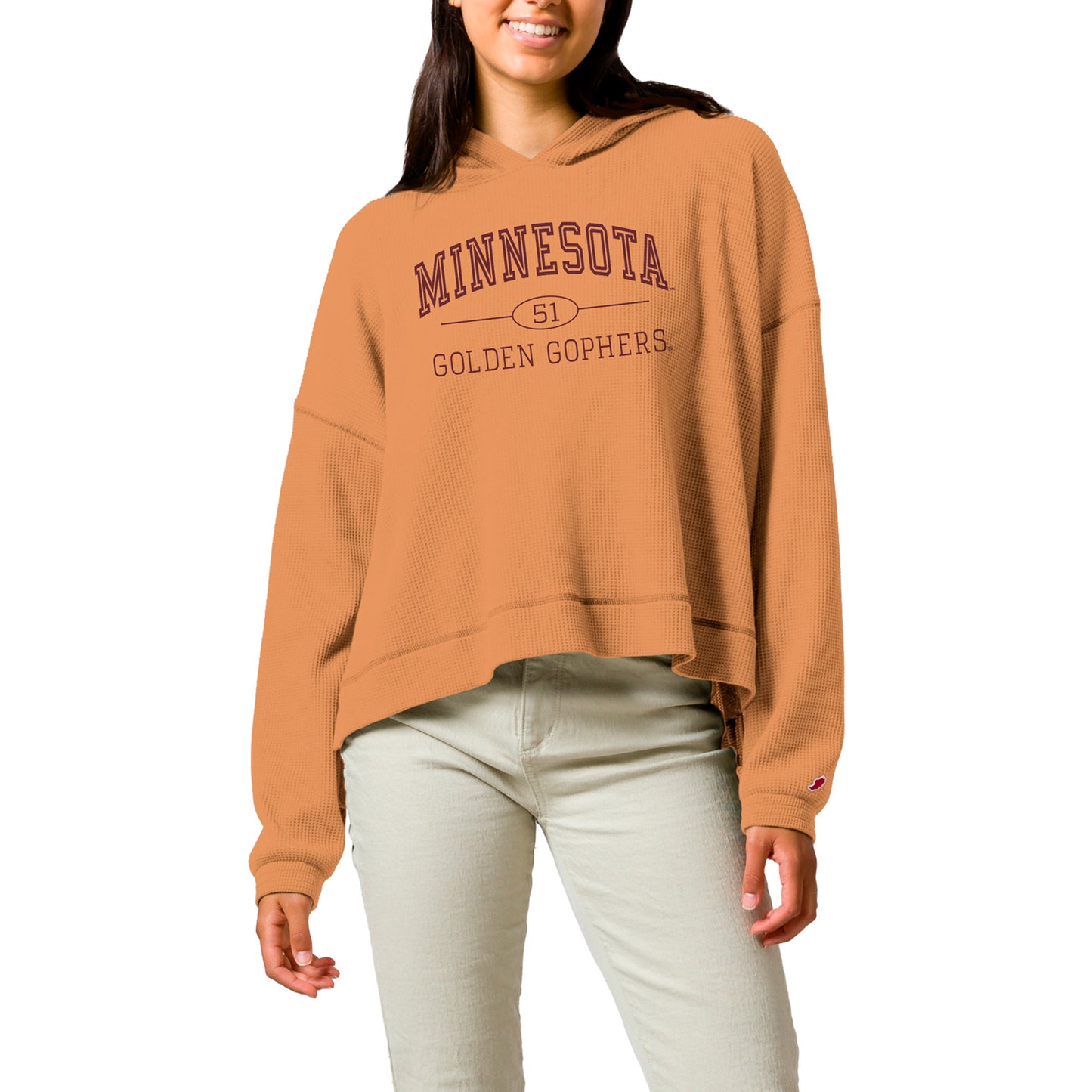 Women's League Collegiate Wear Tan Minnesota Golden Gophers Waffle Oversized Long Sleeve Hoodie T-Shirt