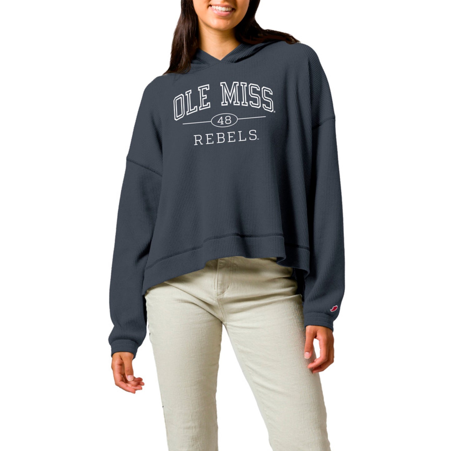 Women's League Collegiate Wear Navy Ole Miss Rebels Waffle Oversized Long Sleeve Hoodie T-Shirt