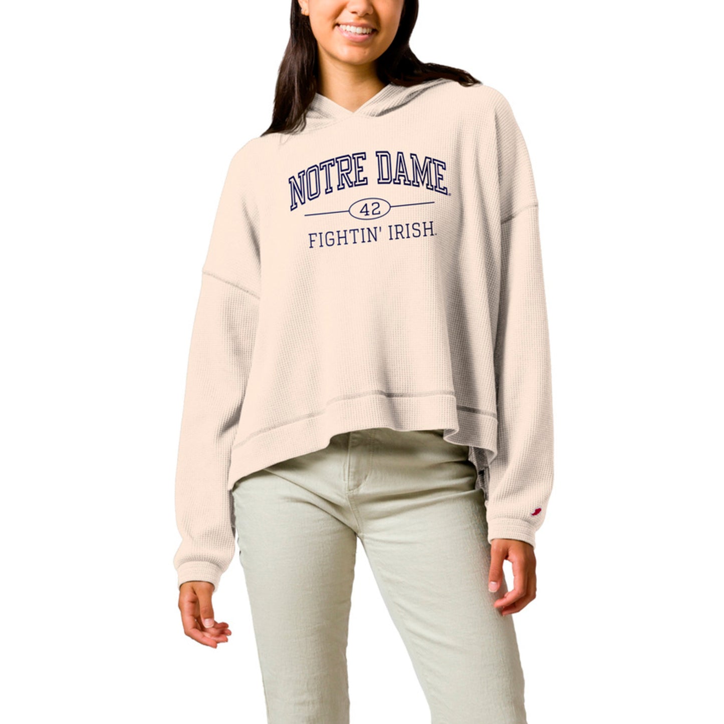 Women's League Collegiate Wear Cream Notre Dame Fighting Irish Waffle Oversized Long Sleeve Hoodie T-Shirt