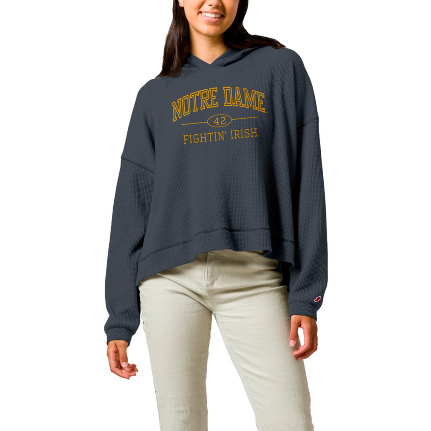 Women's League Collegiate Wear Navy Notre Dame Fighting Irish Waffle Long Sleeve Hoodie T-Shirt