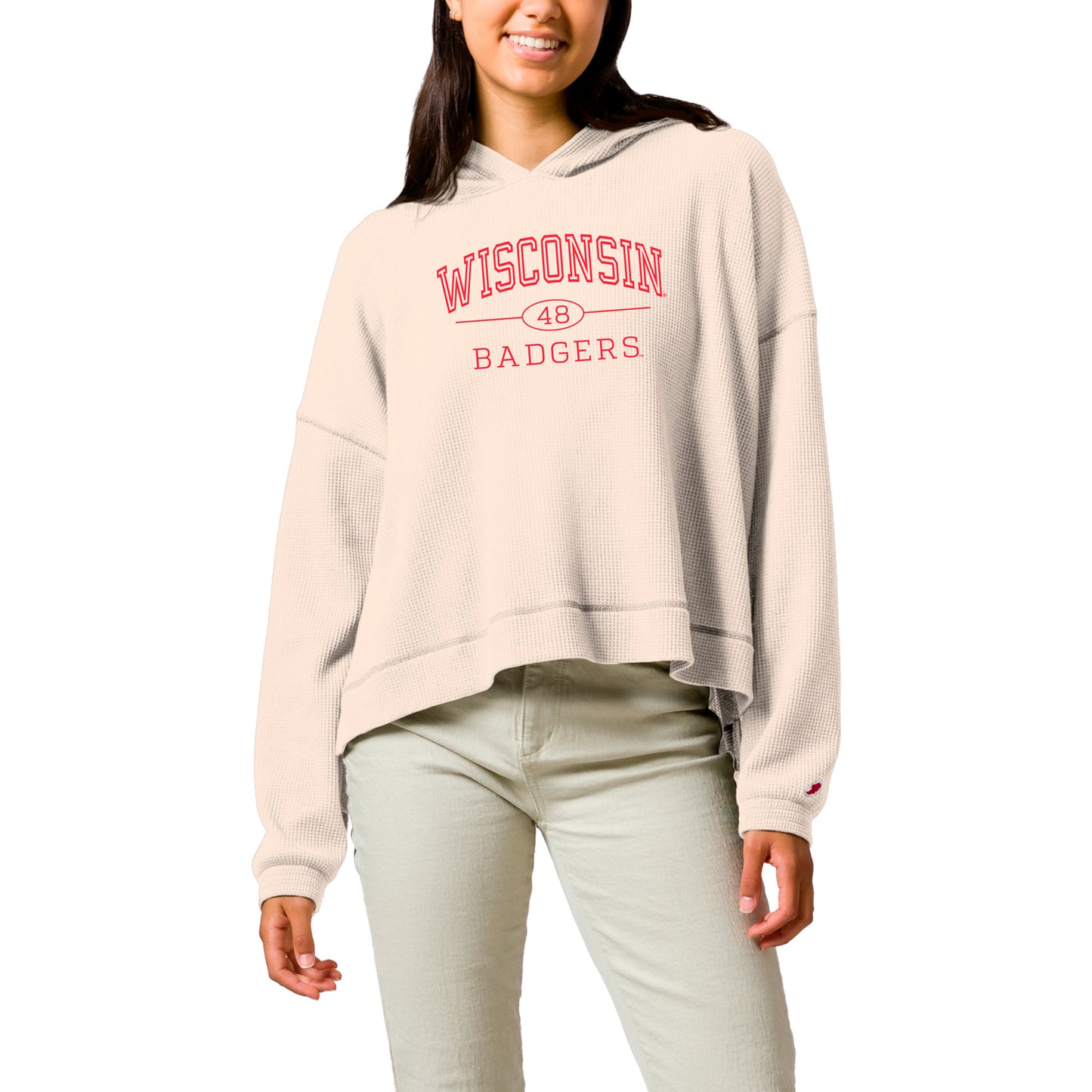Women's League Collegiate Wear Cream Wisconsin Badgers Waffle Oversized Long Sleeve Hoodie T-Shirt