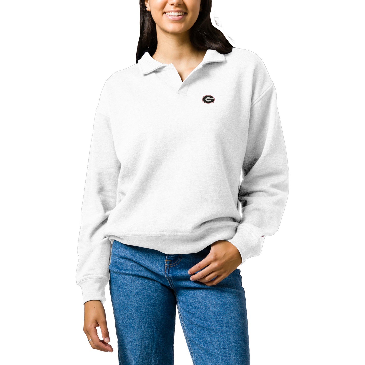 Women's League Collegiate Wear White Georgia Bulldogs Victory Springs Tri-Blend Collared Pullover Sweatshirt