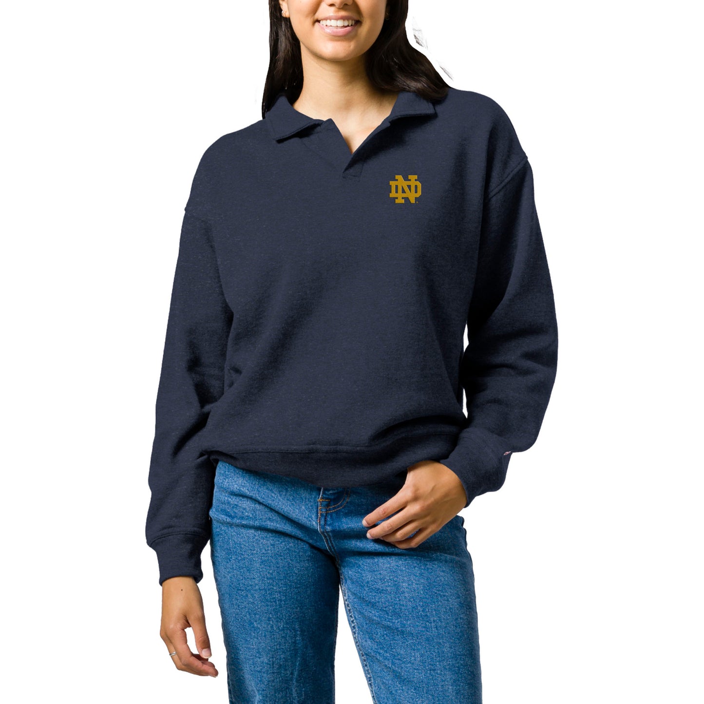Women's League Collegiate Wear Heather Navy Notre Dame Fighting Irish Victory Springs Tri-Blend Collared Pullover Sweatshirt