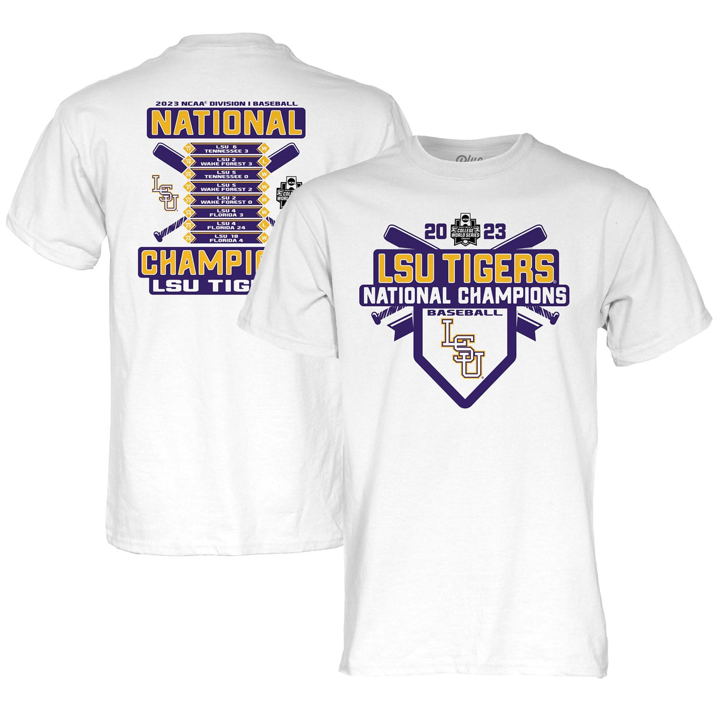 Unisex Blue 84 White LSU Tigers 2023 NCAA Men's Baseball College World Series Champions Schedule T-Shirt