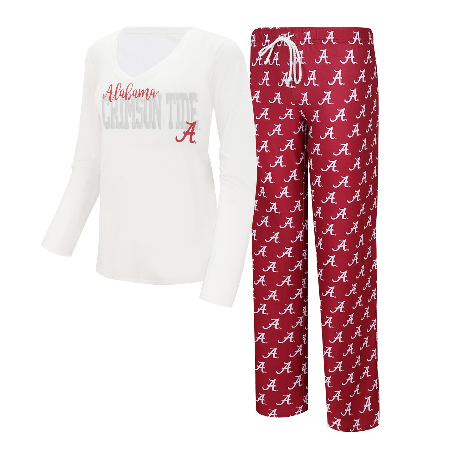 Women's Concepts Sport White/Crimson Alabama Crimson Tide Long Sleeve V-Neck T-Shirt & Gauge Pants Sleep Set