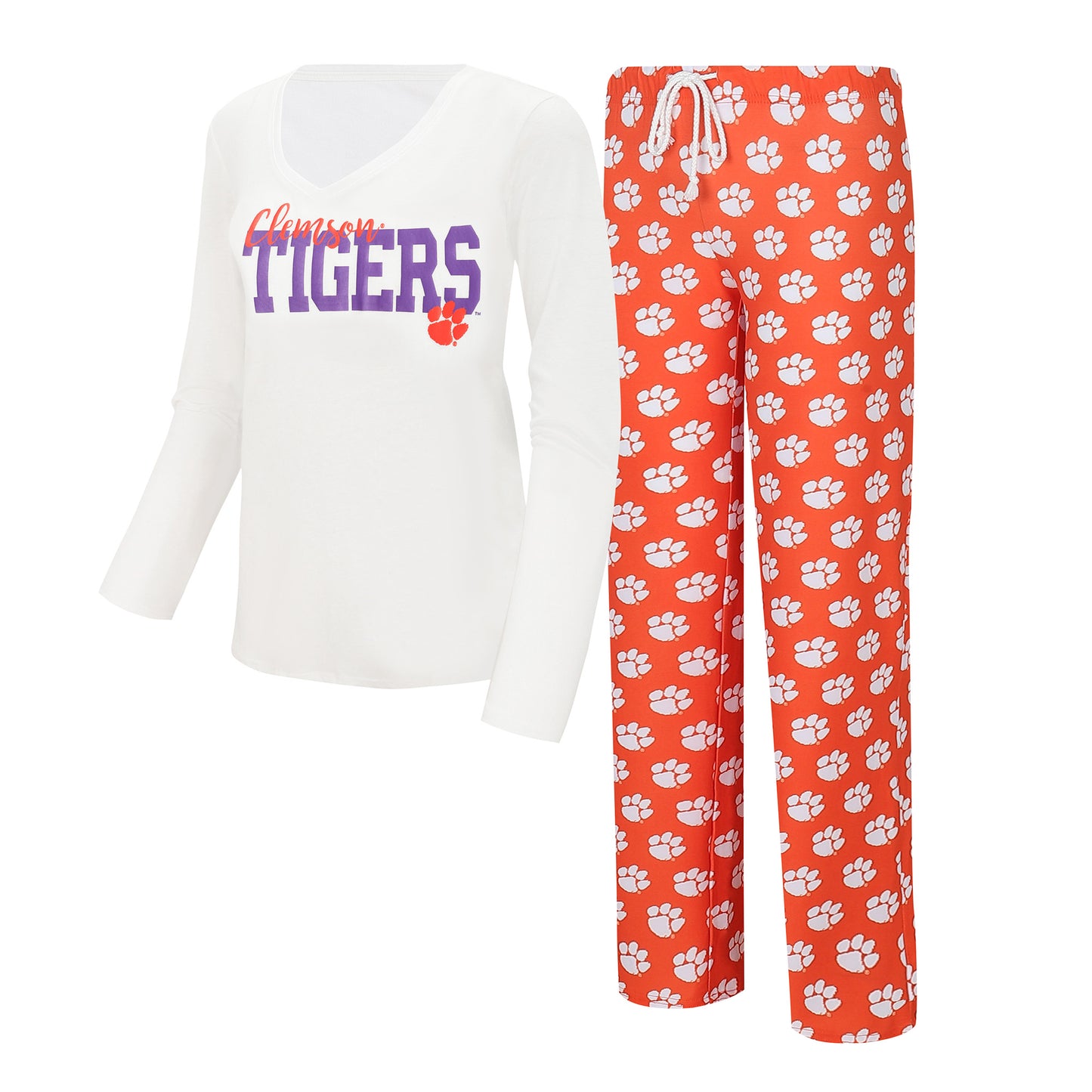 Women's Concepts Sport White/Orange Clemson Tigers Long Sleeve V-Neck T-Shirt & Gauge Pants Sleep Set