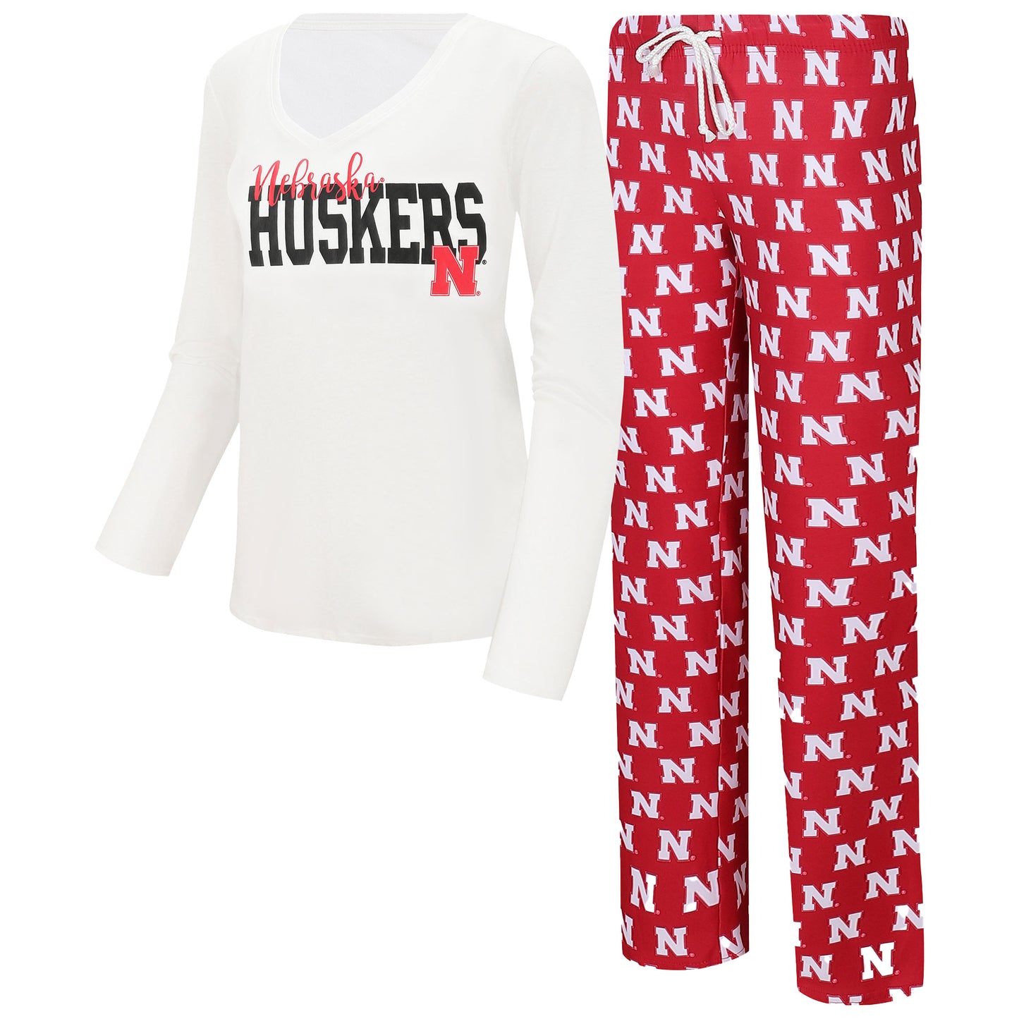 Women's Concepts Sport White/Scarlet Nebraska Huskers Long Sleeve V-Neck T-Shirt & Gauge Pants Sleep Set
