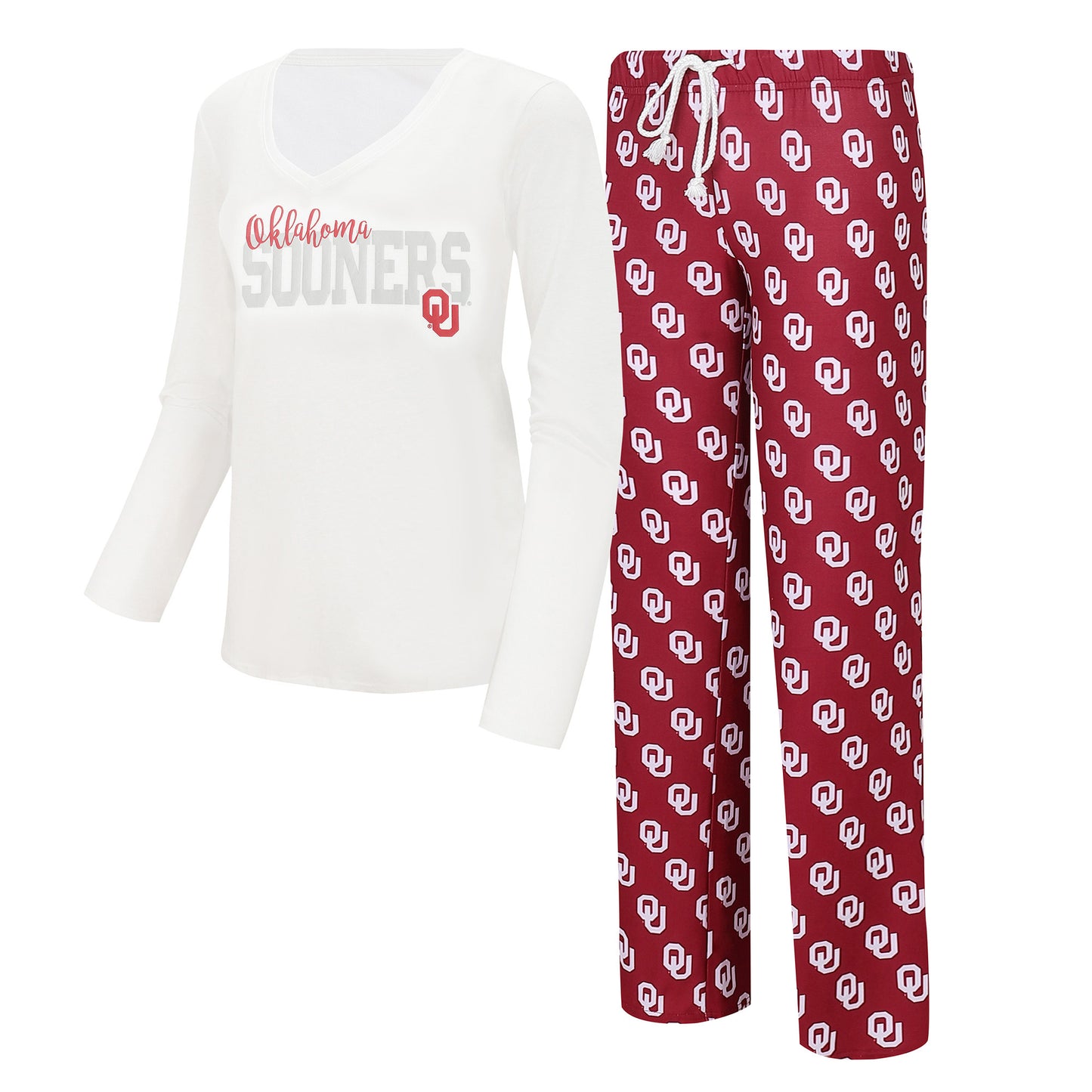 Women's Concepts Sport White/Crimson Oklahoma Sooners Long Sleeve V-Neck T-Shirt & Gauge Pants Sleep Set