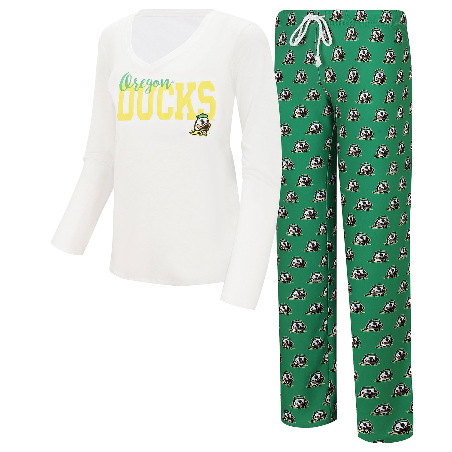 Women's Concepts Sport White/Green Oregon Ducks Long Sleeve V-Neck T-Shirt & Gauge Pants Sleep Set