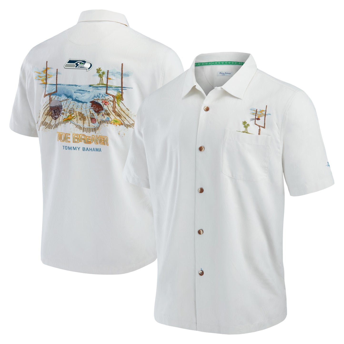 Men's Tommy Bahama White Seattle Seahawks Tide Breaker IslandZone Camp Button-Up Shirt