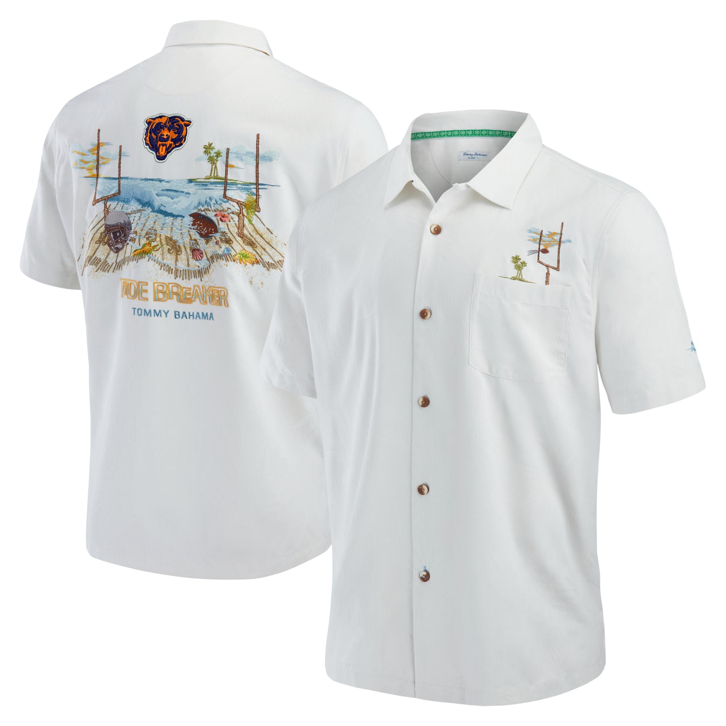 Men's Tommy Bahama White Chicago Bears Tide Breaker IslandZone Camp Button-Up Shirt
