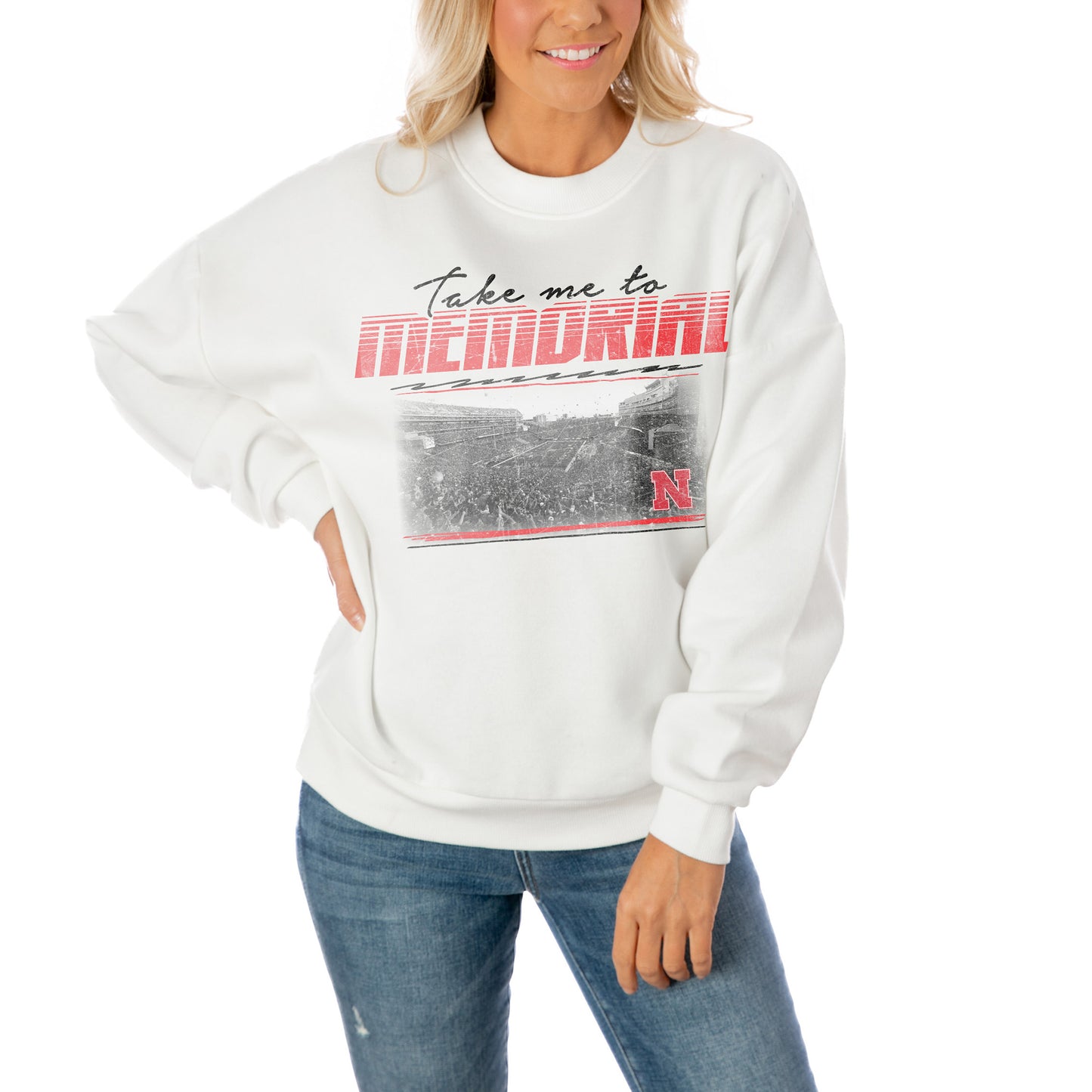 Women's Gameday Couture White Nebraska Huskers Memorial Stadium Fleece Sweatshirt
