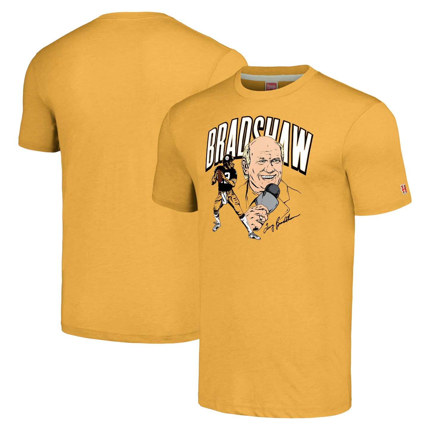 Men's Homage Terry Bradshaw Heathered Gold Pittsburgh Steelers Caricature Retired Player Tri-Blend T-Shirt