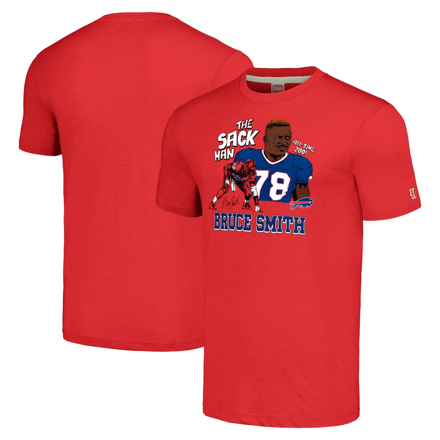 Men's Homage Bruce Smith Heathered Red Buffalo Bills Caricature Retired Player Tri-Blend T-Shirt