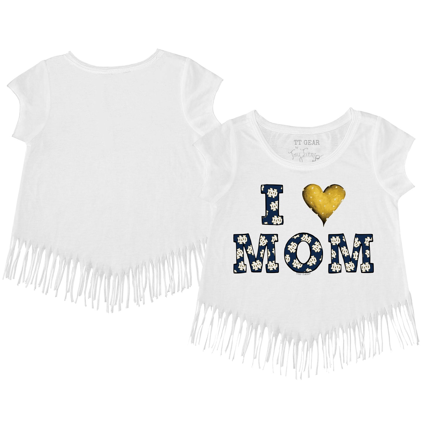 Youth Tiny Turnip White Notre Dame Fighting Irish I Love Mom Fringe T-Shirt