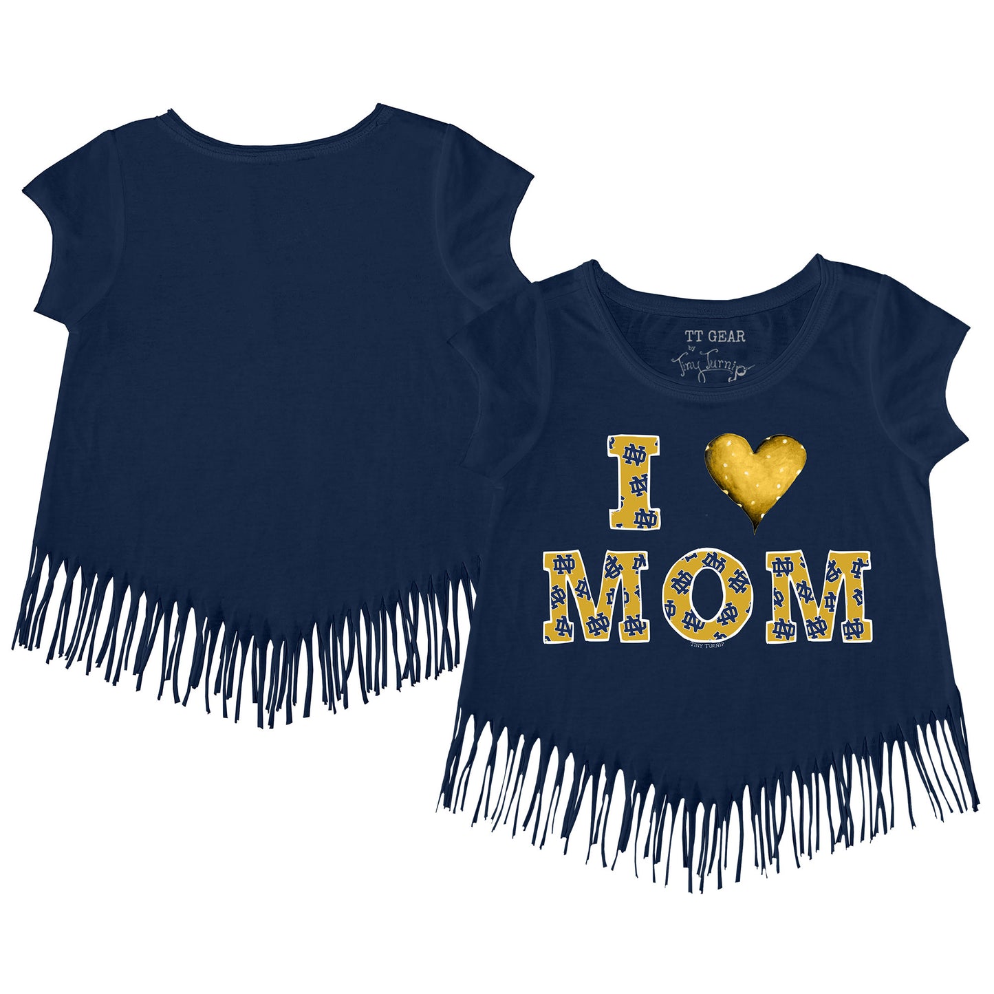 Youth Tiny Turnip Navy Notre Dame Fighting Irish I Love Mom Fringe T-Shirt