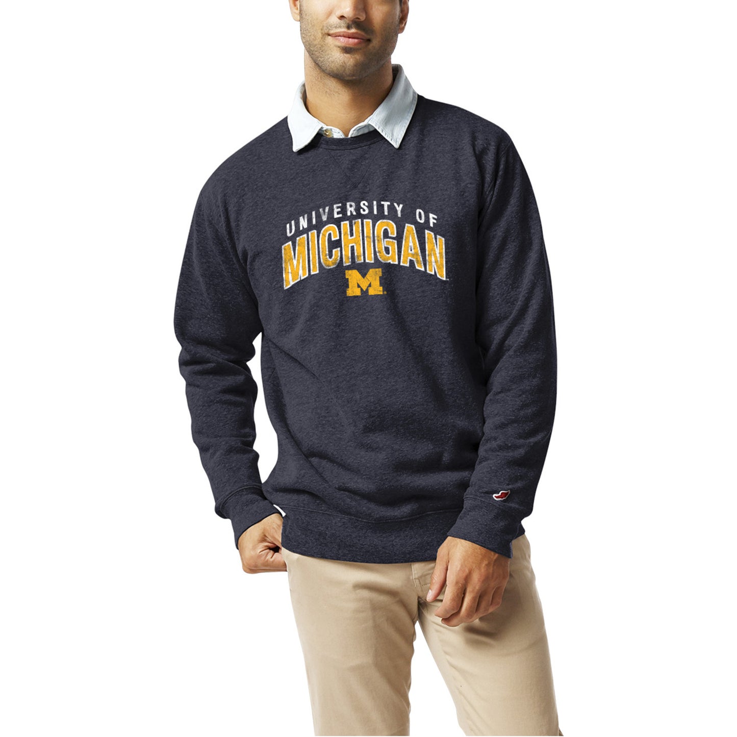 Men's League Collegiate Wear Heather Navy Michigan Wolverines Heritage Tri-Blend Pullover Sweatshirt