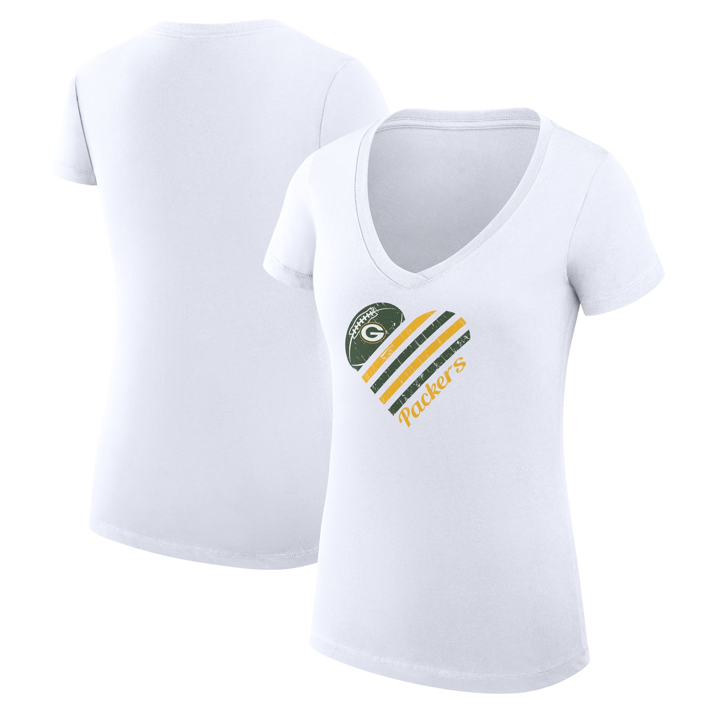 Women's G-III 4Her by Carl Banks White Green Bay Packers Heart Graphic V-Neck Fitted T-Shirt