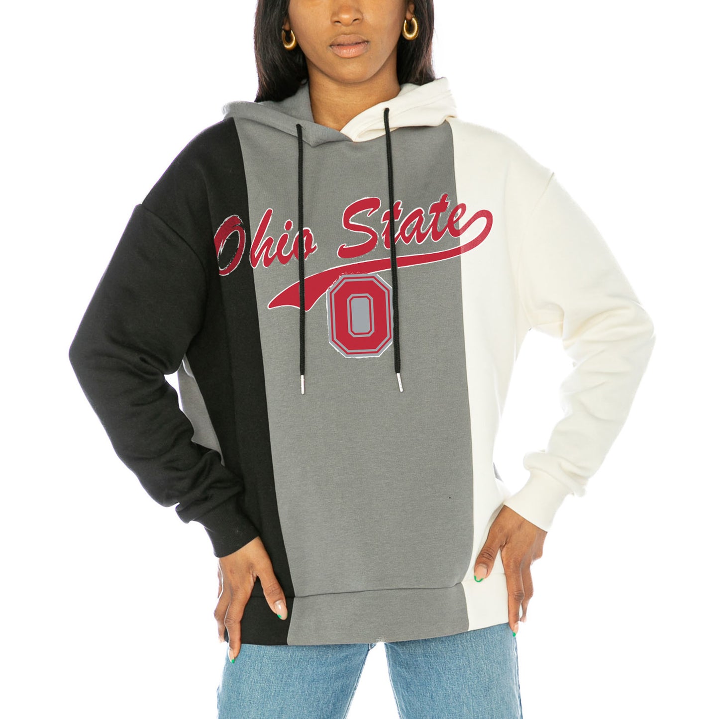 Women's Gameday Couture Black/White Ohio State Buckeyes Go All In Tri-Color Pullover Hoodie
