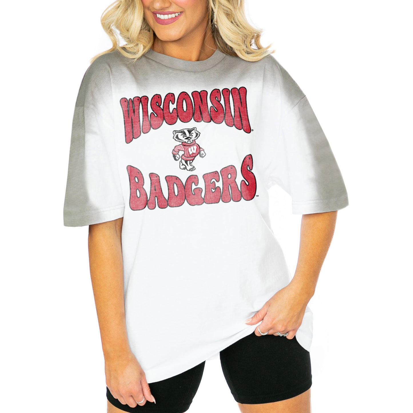 Women's Gameday Couture White/Gray Wisconsin Badgers Campus Glory Colorwave Oversized T-Shirt