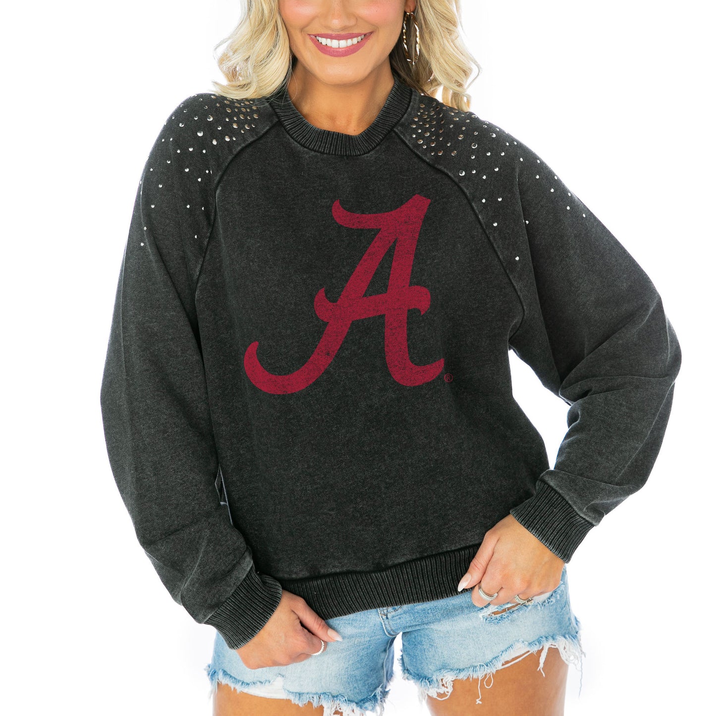 Women's Gameday Couture Charcoal Alabama Crimson Tide Varsity Studded French Terry Pullover Sweatshirt