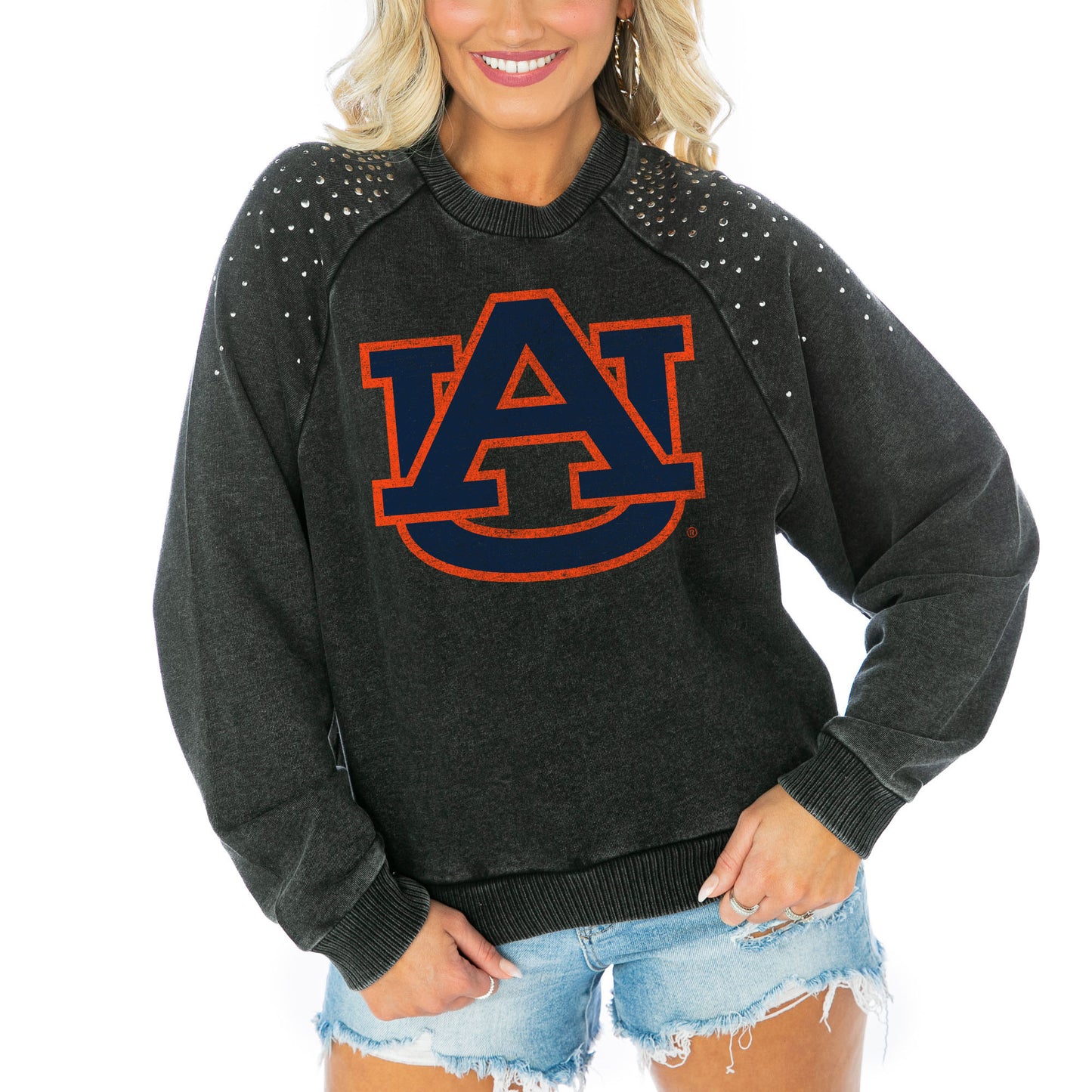 Women's Gameday Couture Charcoal Auburn Tigers Varsity Studded French Terry Pullover Sweatshirt