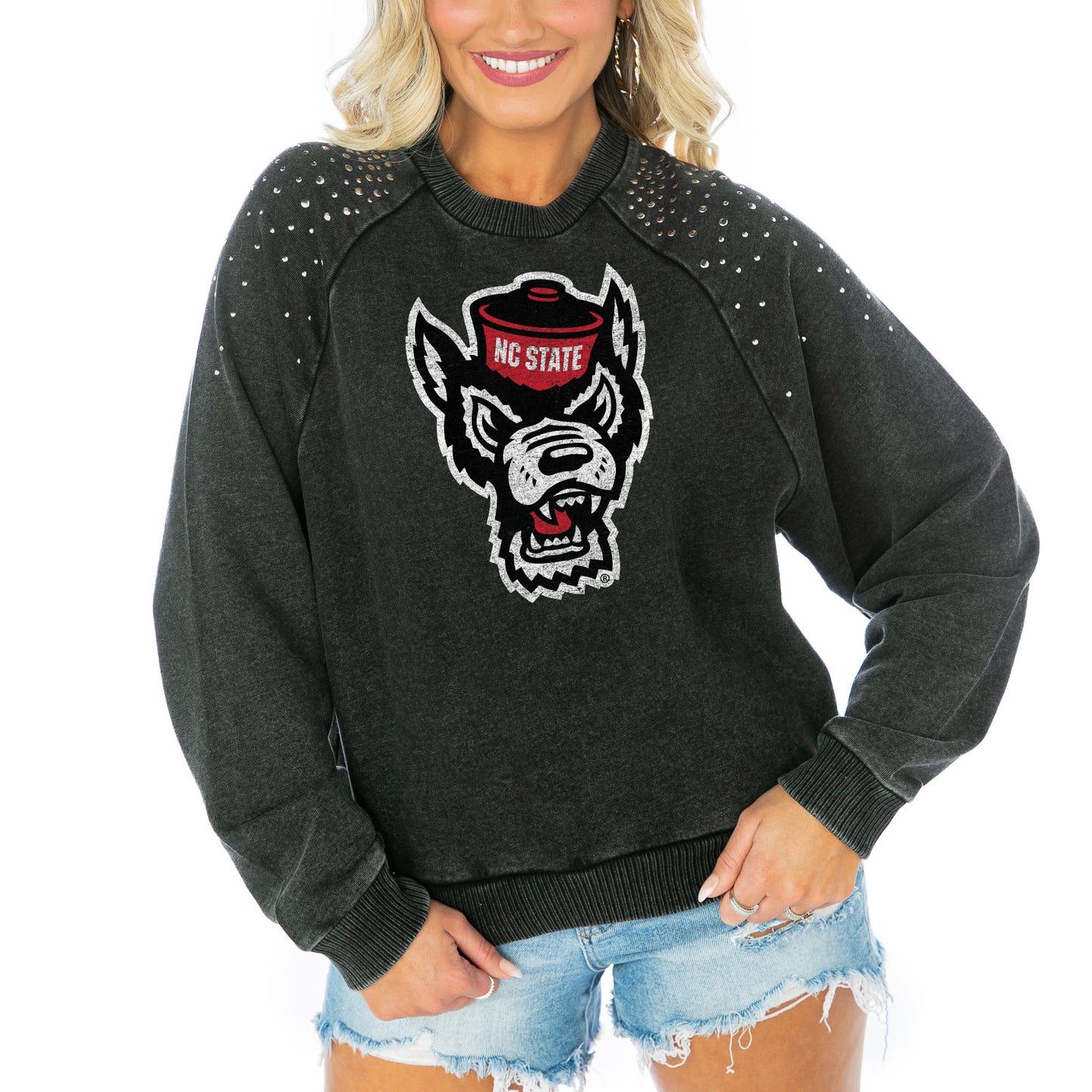 Women's Gameday Couture Charcoal NC State Wolfpack Varsity Studded French Terry Pullover Sweatshirt