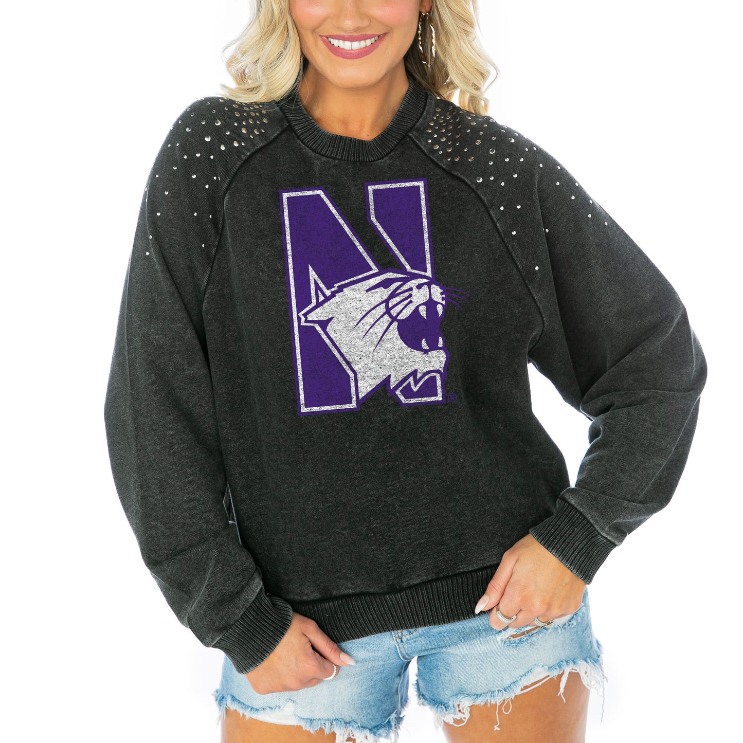 Women's Gameday Couture Charcoal Northwestern Wildcats Varsity Studded French Terry Pullover Sweatshirt